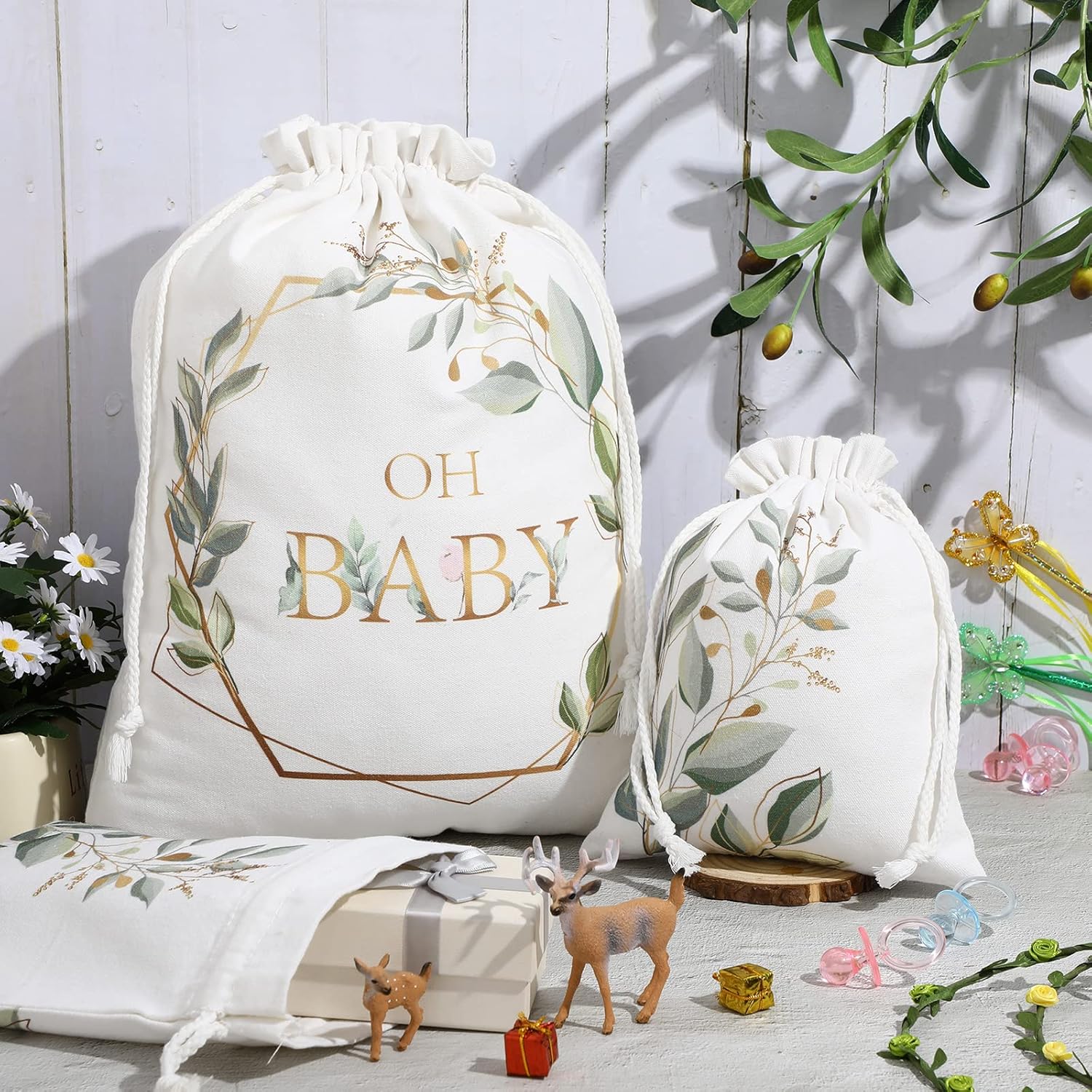Tudomro 4 bolsas de regalo grandes con cordón para baby shower, bolsas de regalo de lona con estampado de vegetación, bolsas de regalo de