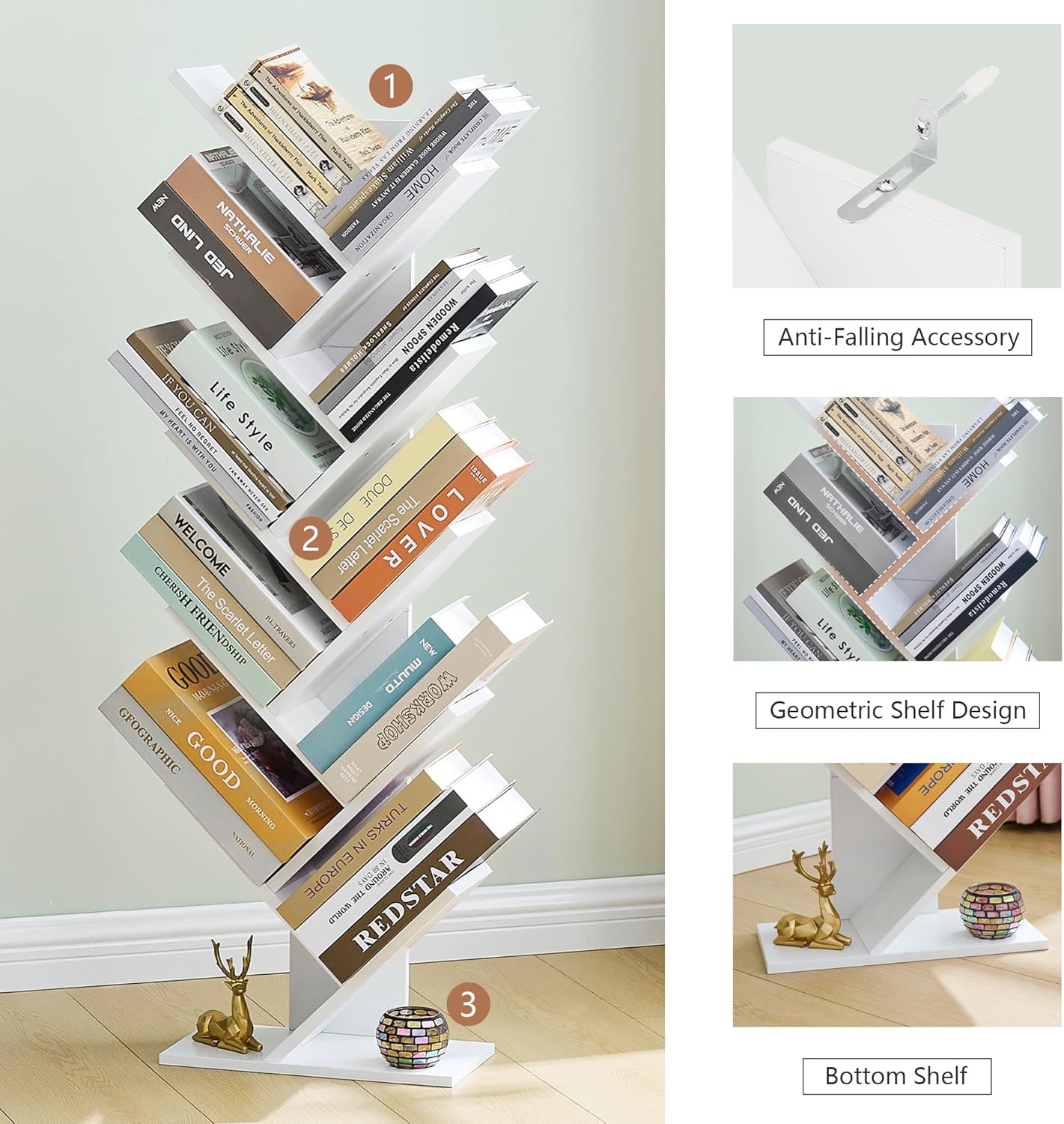 Hoctieon Estantería de árbol de 10 niveles, estantería de 10 estantes, estantería de árbol de pie independiente, estante de pie para libros,