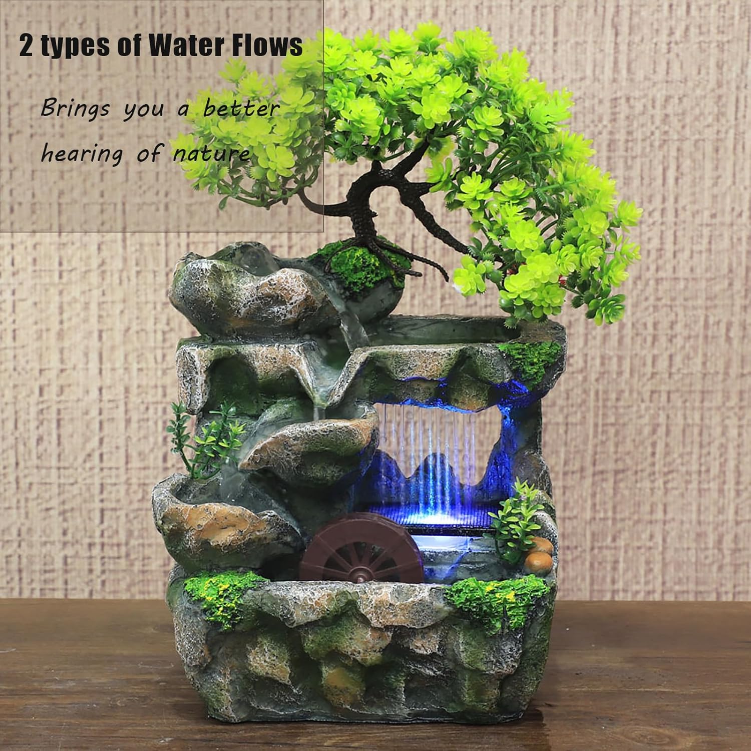 Adornos de rocalla de fuente de agua con cascada y luces LED de colores, mini cascada de escritorio, pequeña rocalla para oficina, hogar, dormitorio