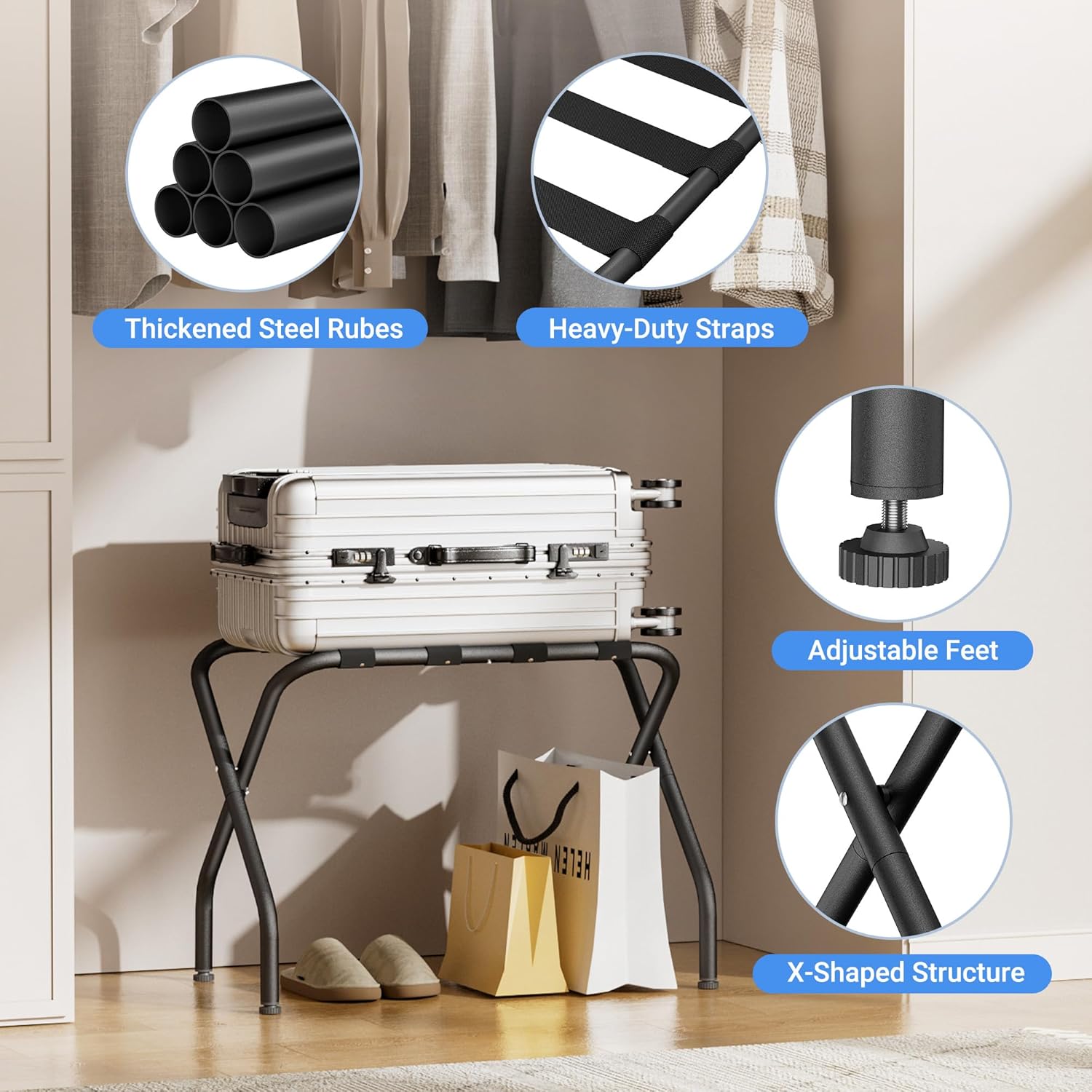 Jsluiiys Portaequipajes, paquete de 2, soporte plegable para maleta, soporte de equipaje plegable tipo X, soporte de equipaje negro resistente,