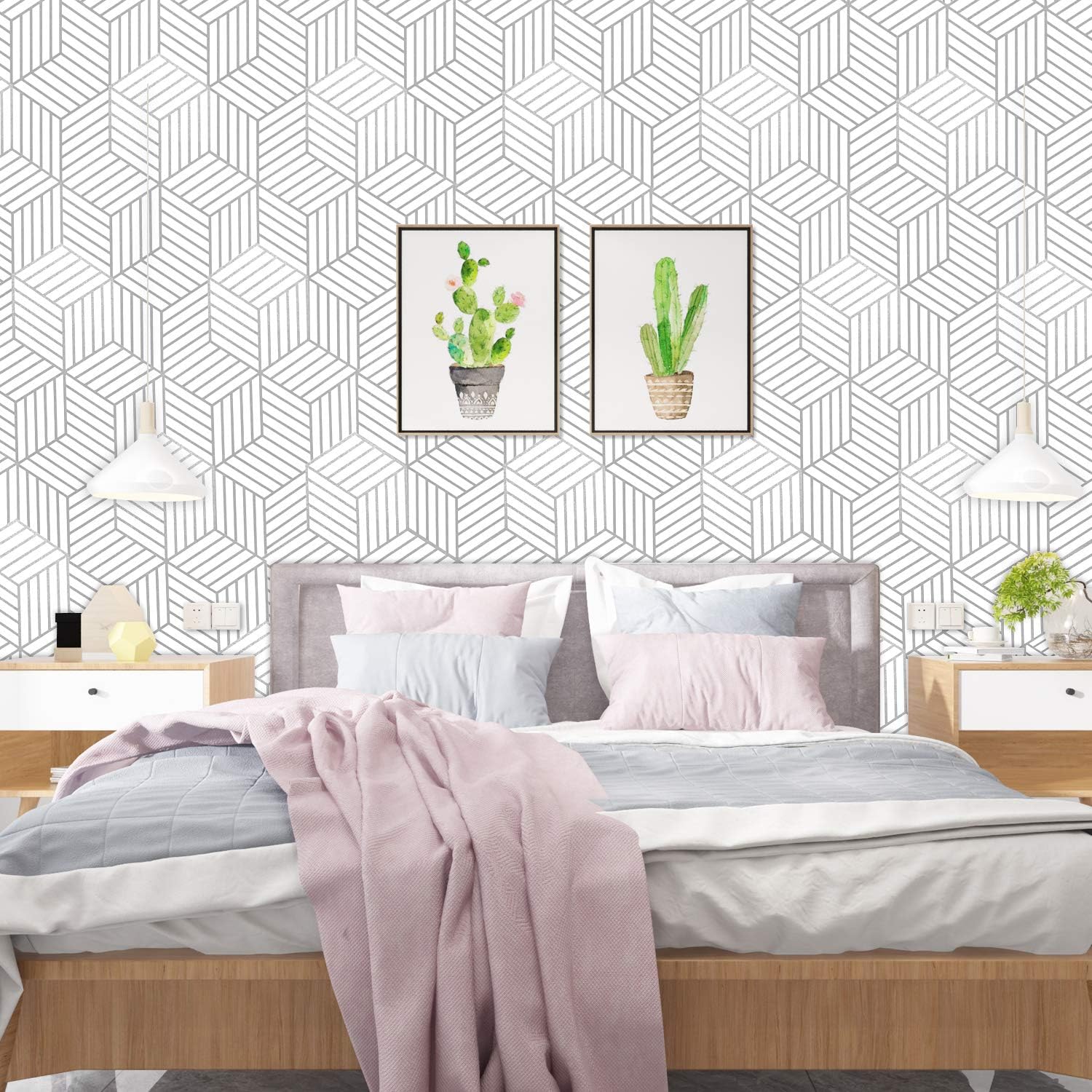 WENMER Papel tapiz hexagonal geométrico, papel de contacto de 17.71 x 78.7 pulgadas, papel tapiz hexagonal geométrico plateado para despegar y