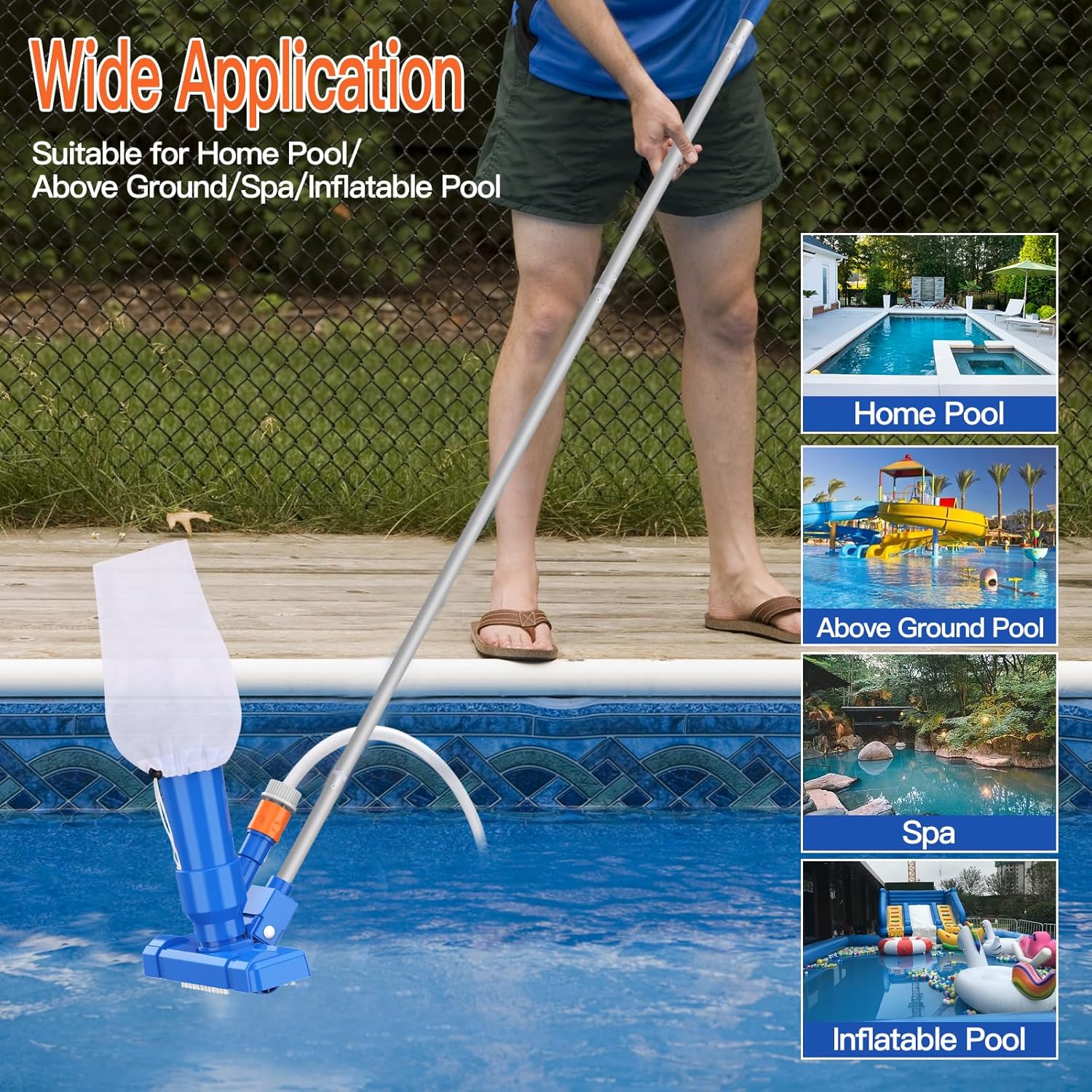 Aspiradora de mano para piscina, limpiador subacuático portátil con 2 bolsas de colección y poste de 56 pulgadas para piscinas sobre el suelo,