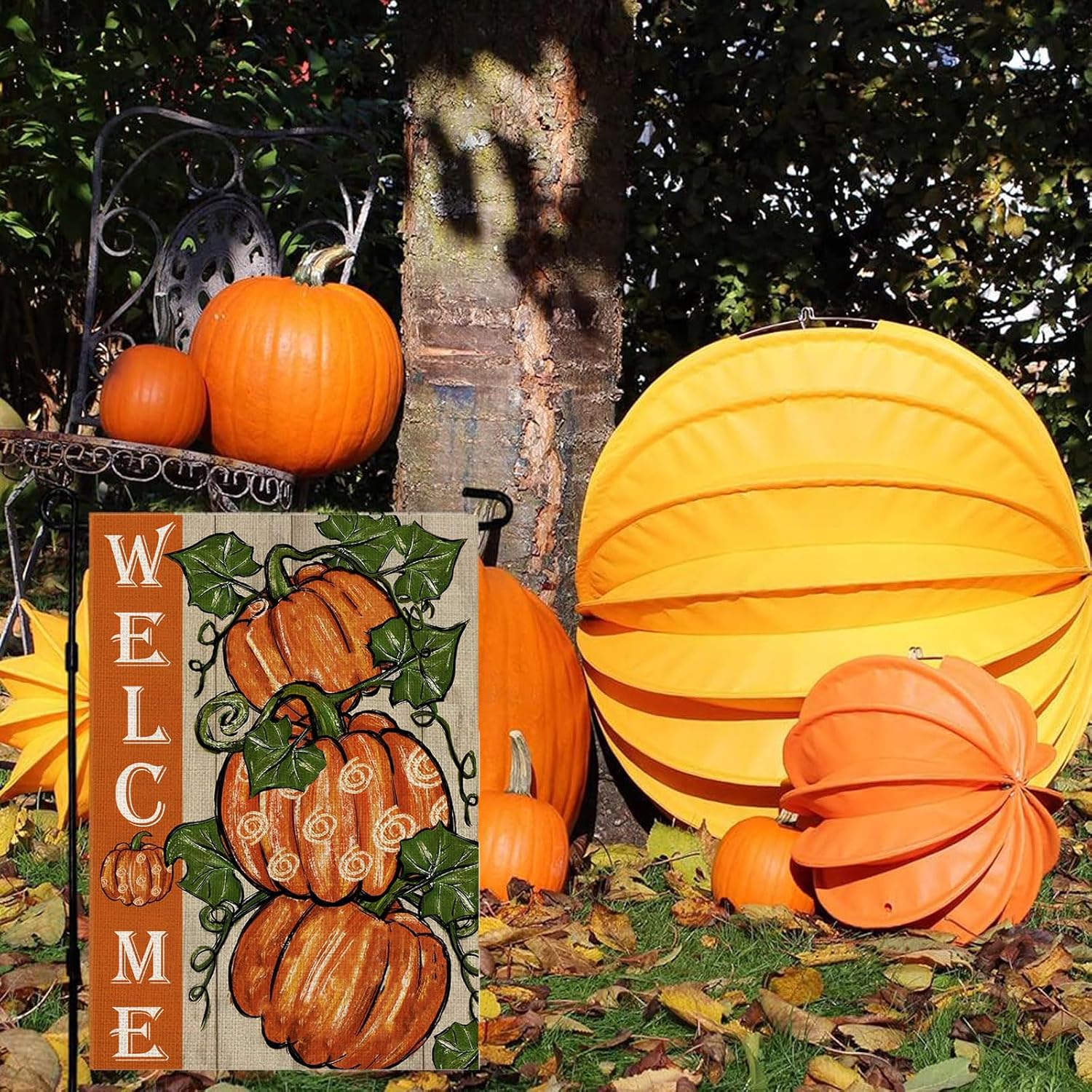 Bandera de bienvenida con diseño de calabazas de Acción de Gracias, de 12 x 18 pulgadas, pequeña bandera de otoño de doble cara para patio al aire
