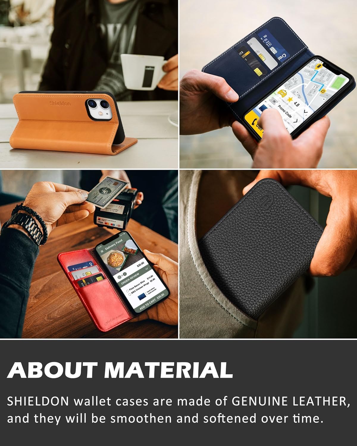 SHIELDON Funda tipo cartera para iPhone 11, de piel auténtica, plegable, con función atril, bloqueo RFID, ranuras para tarjetas de crédito, funda