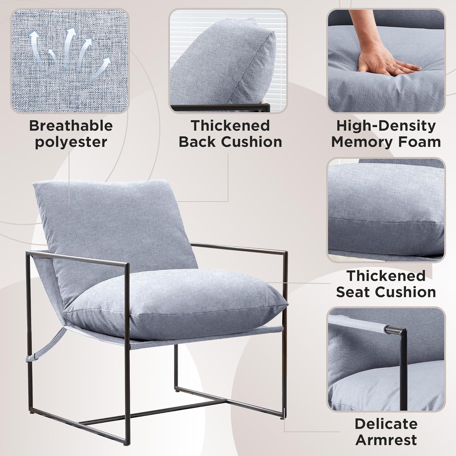 Silla decorativa moderna de mediados de siglo, sillón de acero, silla de tela para sala de estar, dormitorio, oficina en casa en tapicería de