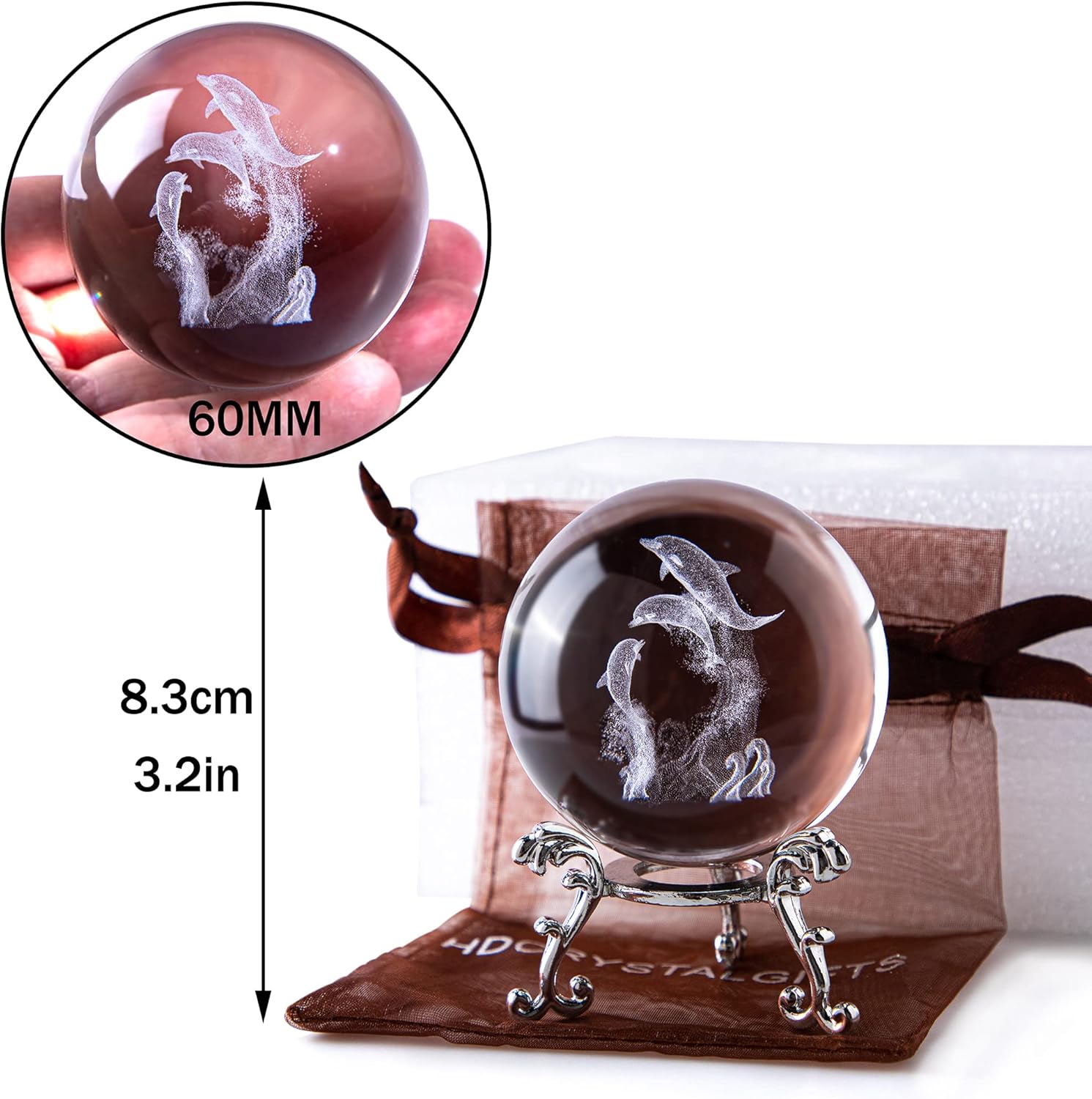 HDCRYSTALGIFTS Pisapapeles de bola de cristal de delfín de 2.362 in con soporte de flores, pisapapeles decorativo 3D grabado con láser