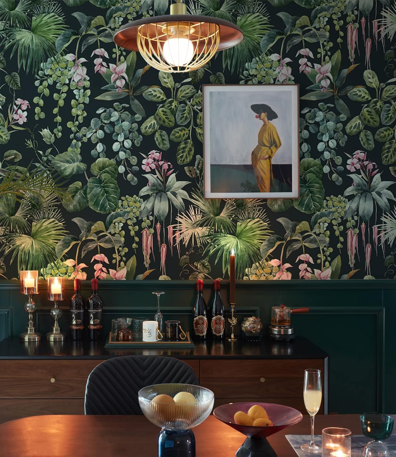 Ismoon Papel tapiz floral oscuro para despegar y pegar, papel tapiz tropical, papel de contacto verde, papel de contacto verde, papel tapiz de