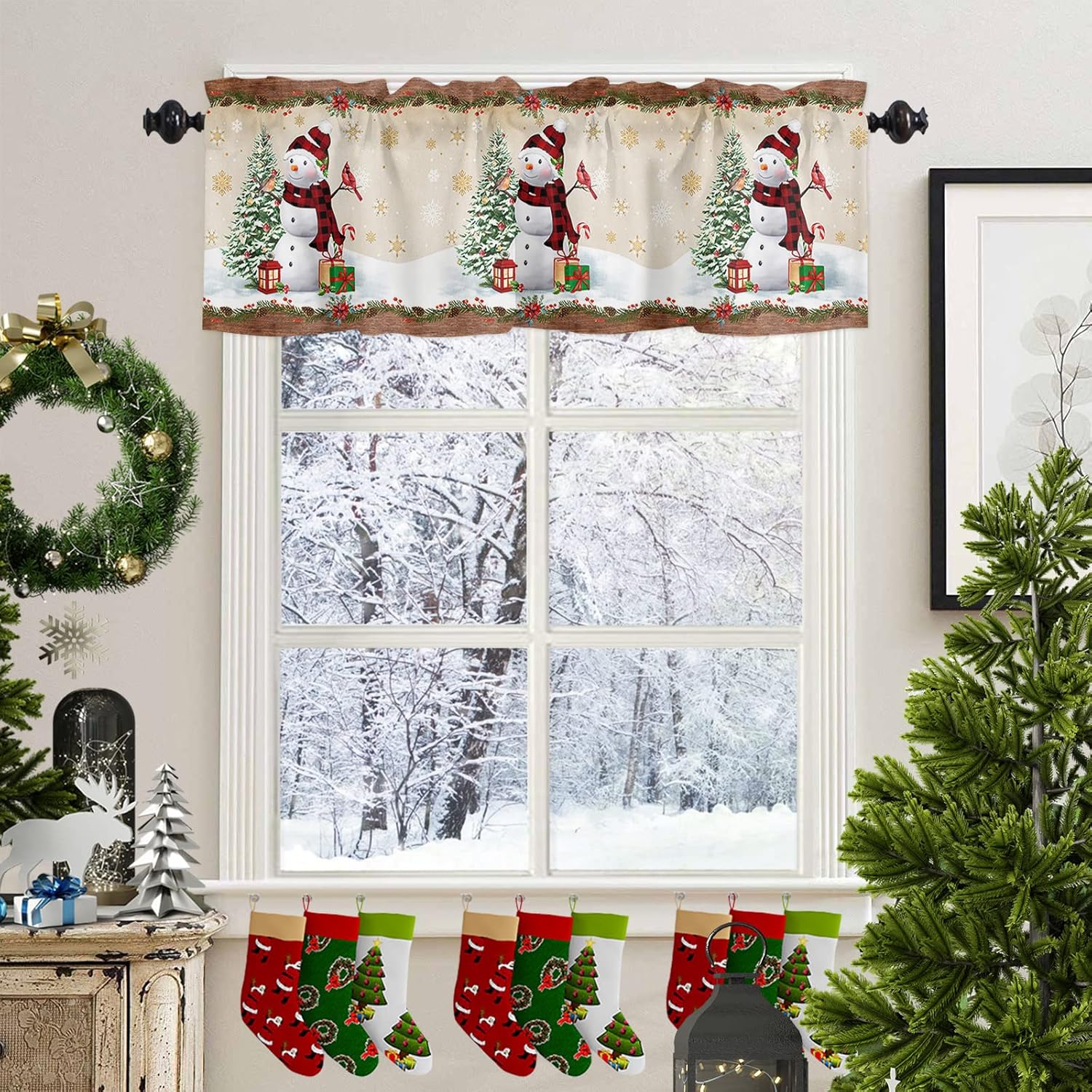 Cenefa de cortina de Navidad de 54 x 18 pulgadas, cenefas de muñeco de nieve para ventana, cortinas con bolsillo para barra, cortina corta de encaje