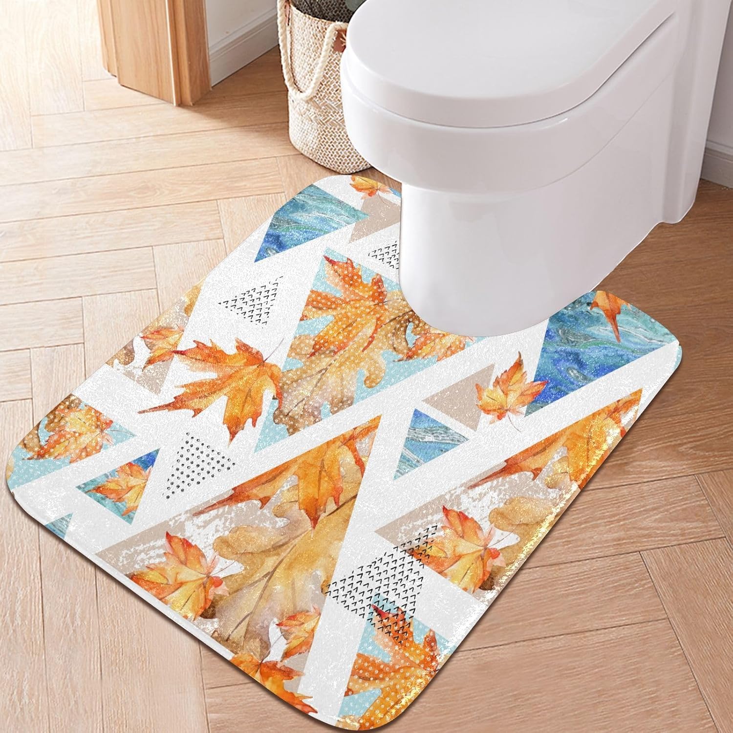 Bathroom Rugs Sets 2 Piece 24×16+24×20 Inch,Soft U-Shaped Contour Toilet Rug Abstract Autumn Geometric Non-Slip Absorbent Bath Floor Mat Carpet Set