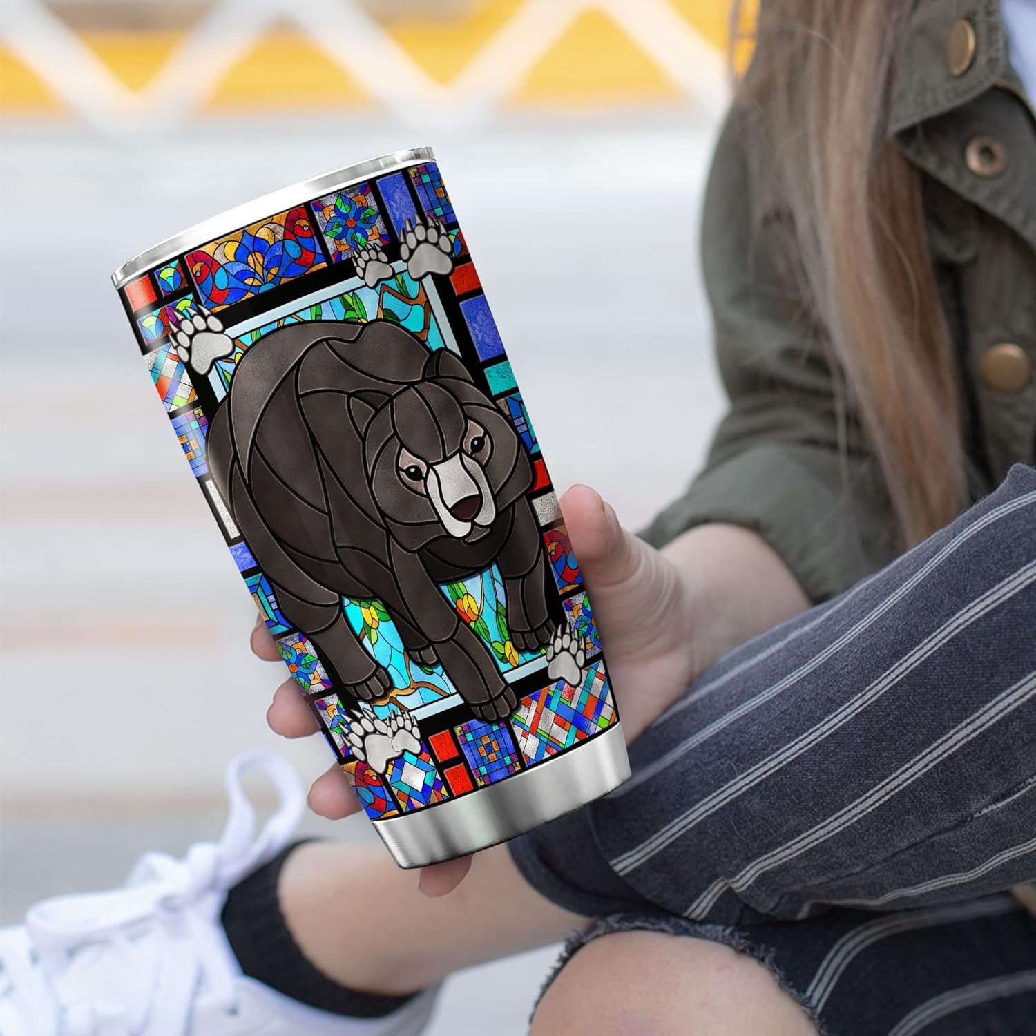 ZOXIX Vaso personalizado con diseño de oso lindo de 20 onzas, colorido estilo vitral, vida silvestre, temática de animales, ideas de regalo, taza