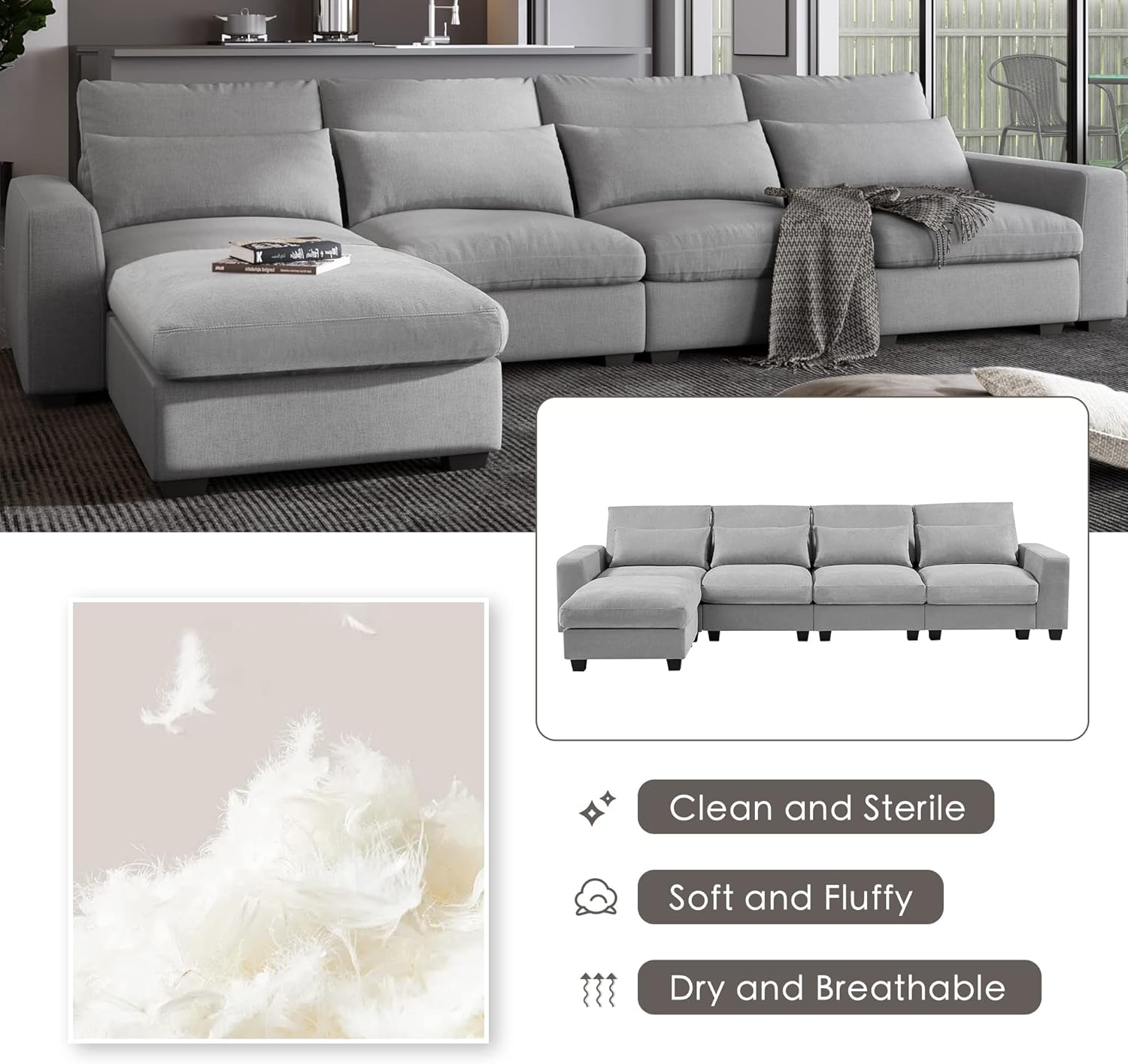 Sofá modular tapizado con 4 almohadas de cintura para el hogar, oficina, apartamento, sala de estar, sofá esquinero en forma de L y sofá movible