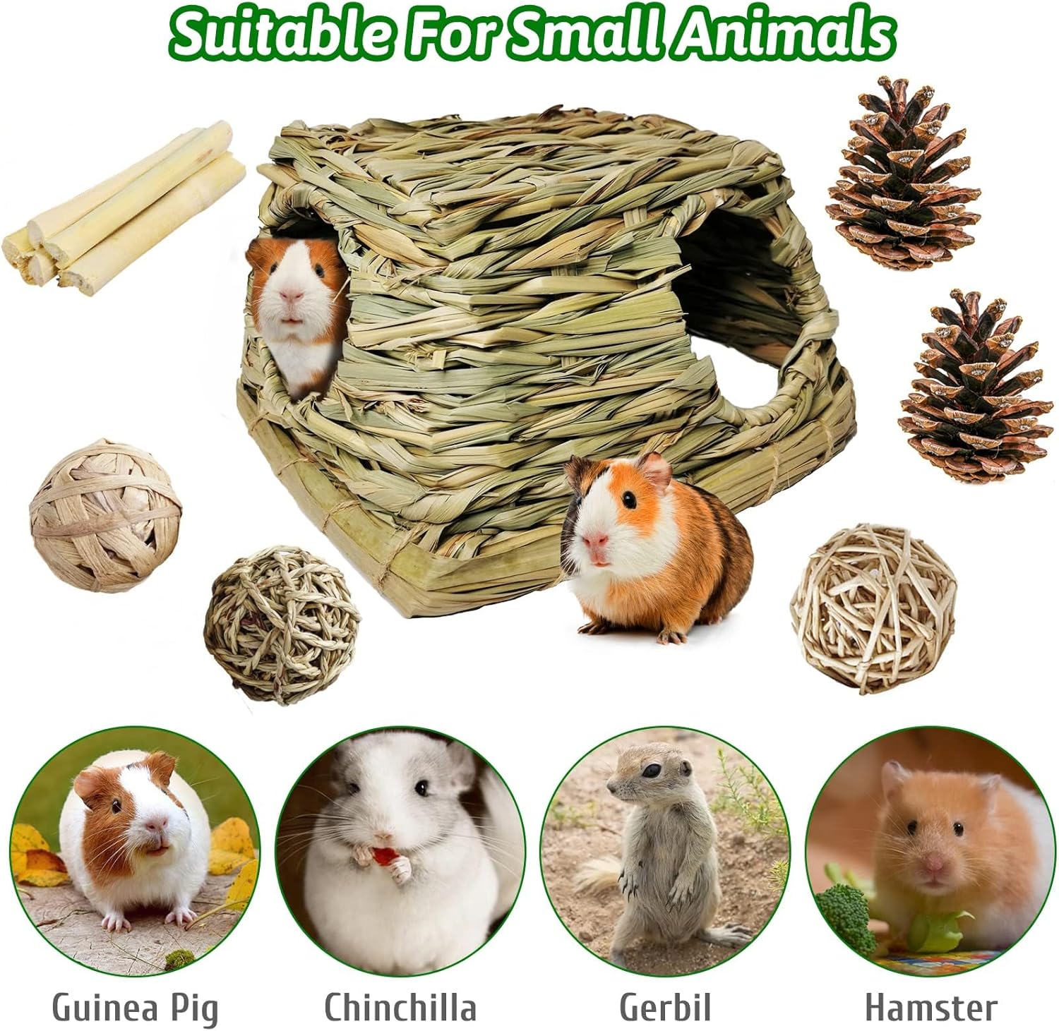 PINVNBY Casa de hierba de conejillo de indias con juguetes para masticar, conejito pequeño, escondite natural para mascotas, cabaña de césped con