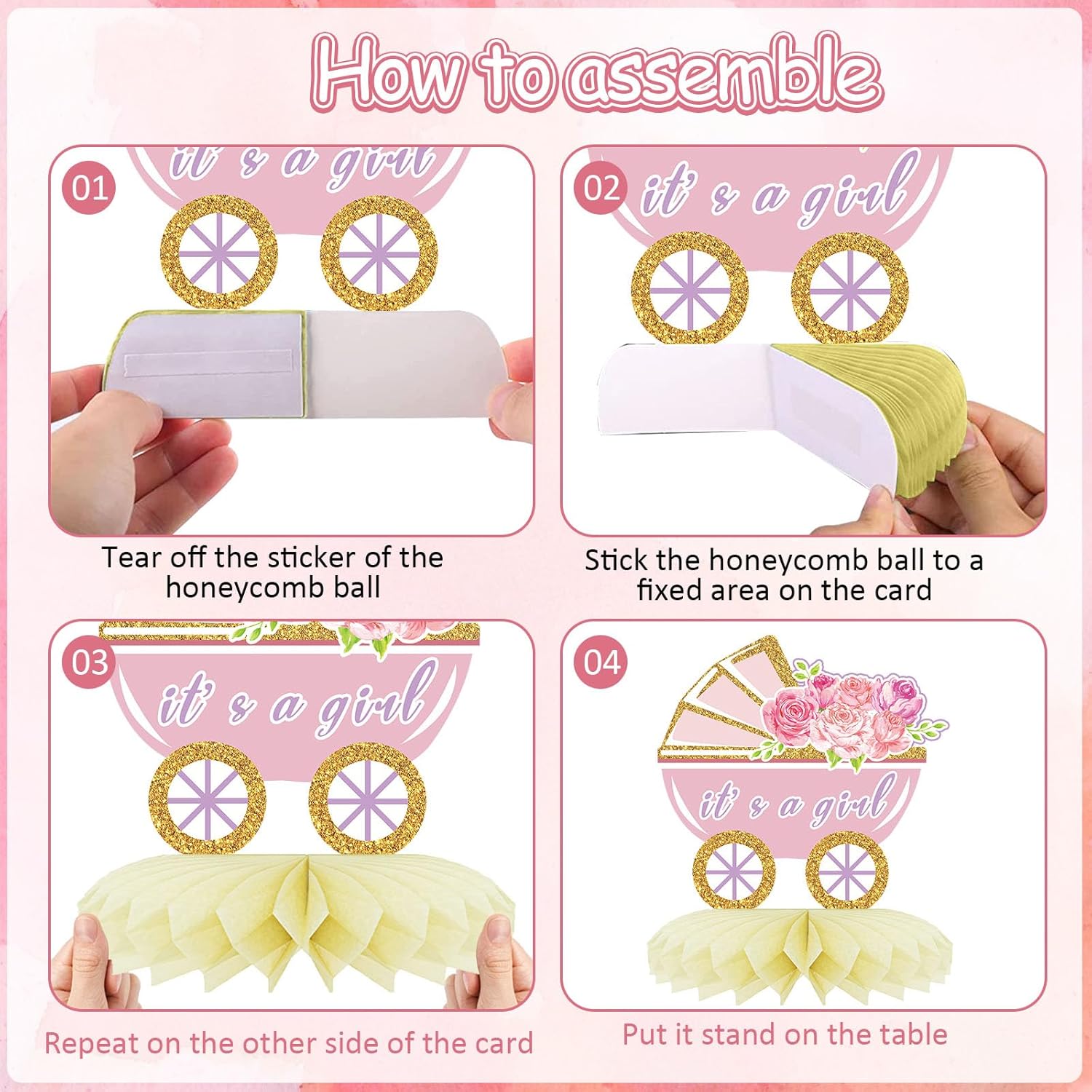 12 centros de mesa de nido de abeja para baby shower, decoración de fiesta para niñas, diseño floral de oro rosa rosa con texto en inglés “It’s a