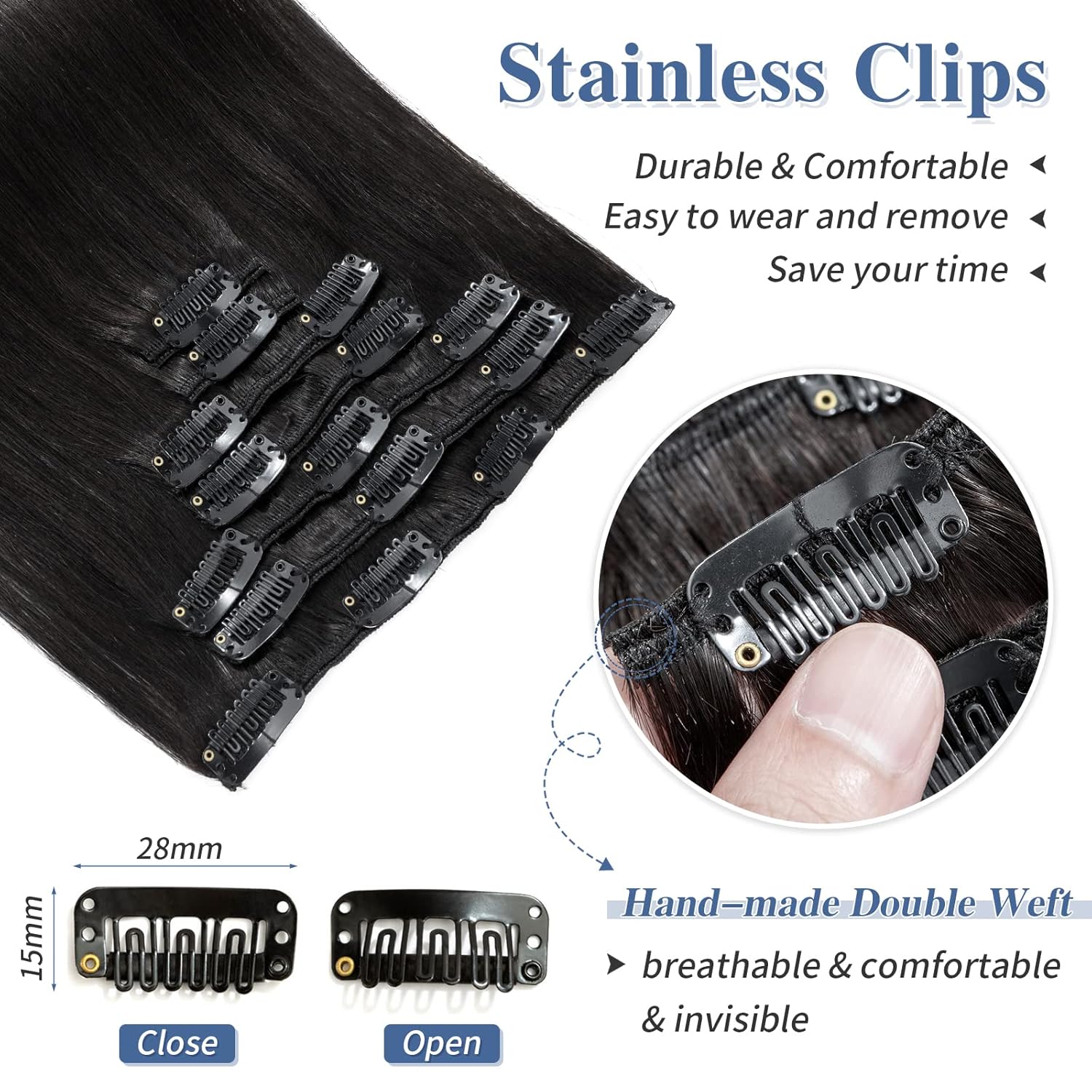 S-noilite – Extensiones de cabello humano real con clip, color negro natural #1B, doble trama, 16 pulgadas, balayage, lacio, 7 unidades, 4.23 oz
