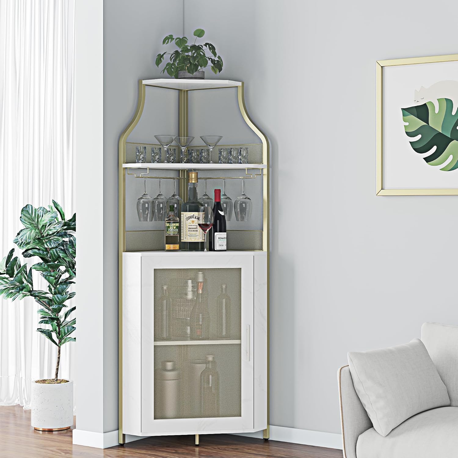 Armario esquinero para vino con estante extraíble para vino, gabinete de bar para copas de vino con estante de vidrio y puerta de malla, gabinete de