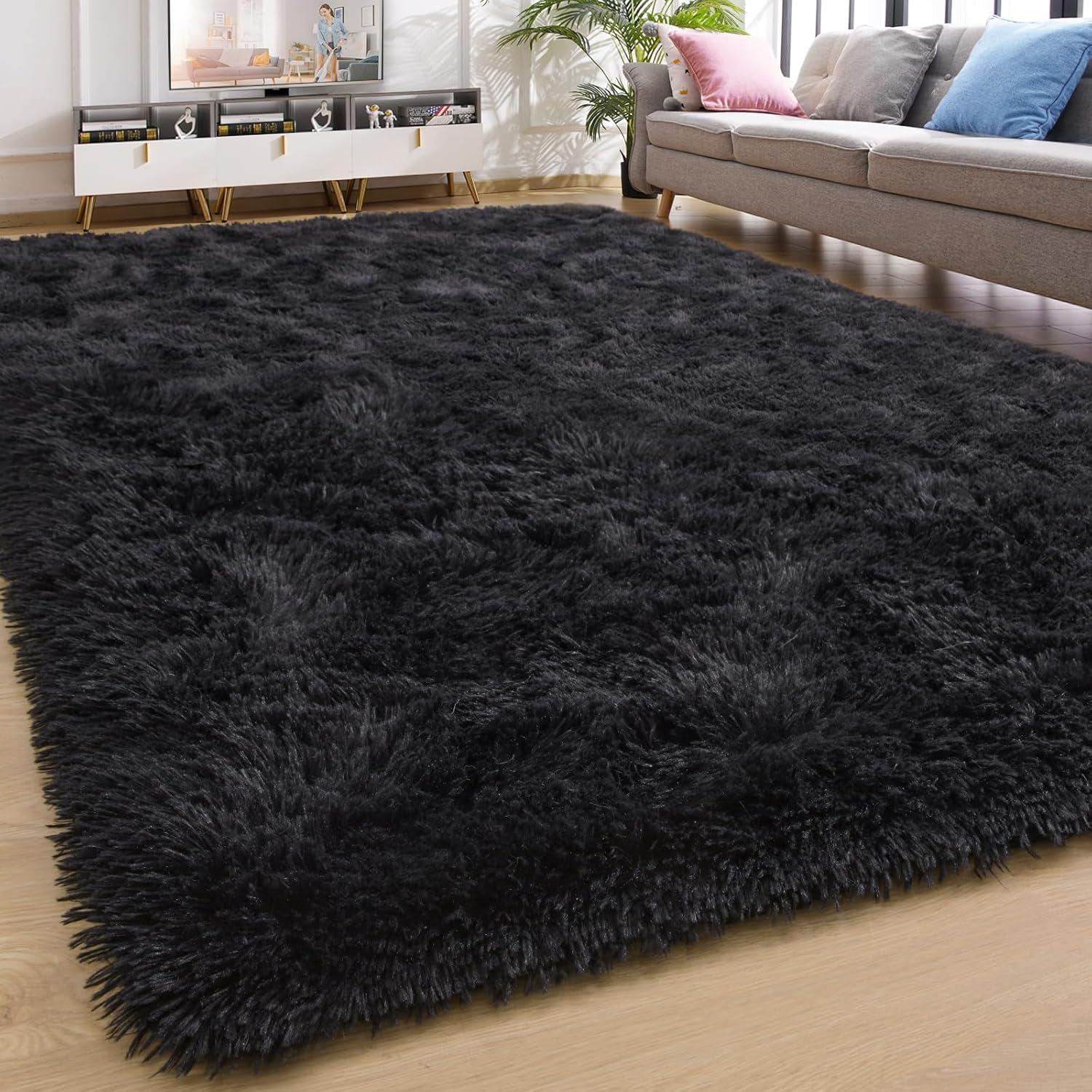 YJ.GWL Alfombras suaves y esponjosas para dormitorio, sala de estar, alfombra de felpa negra para guardería, sala de juegos, dormitorio, alfombra