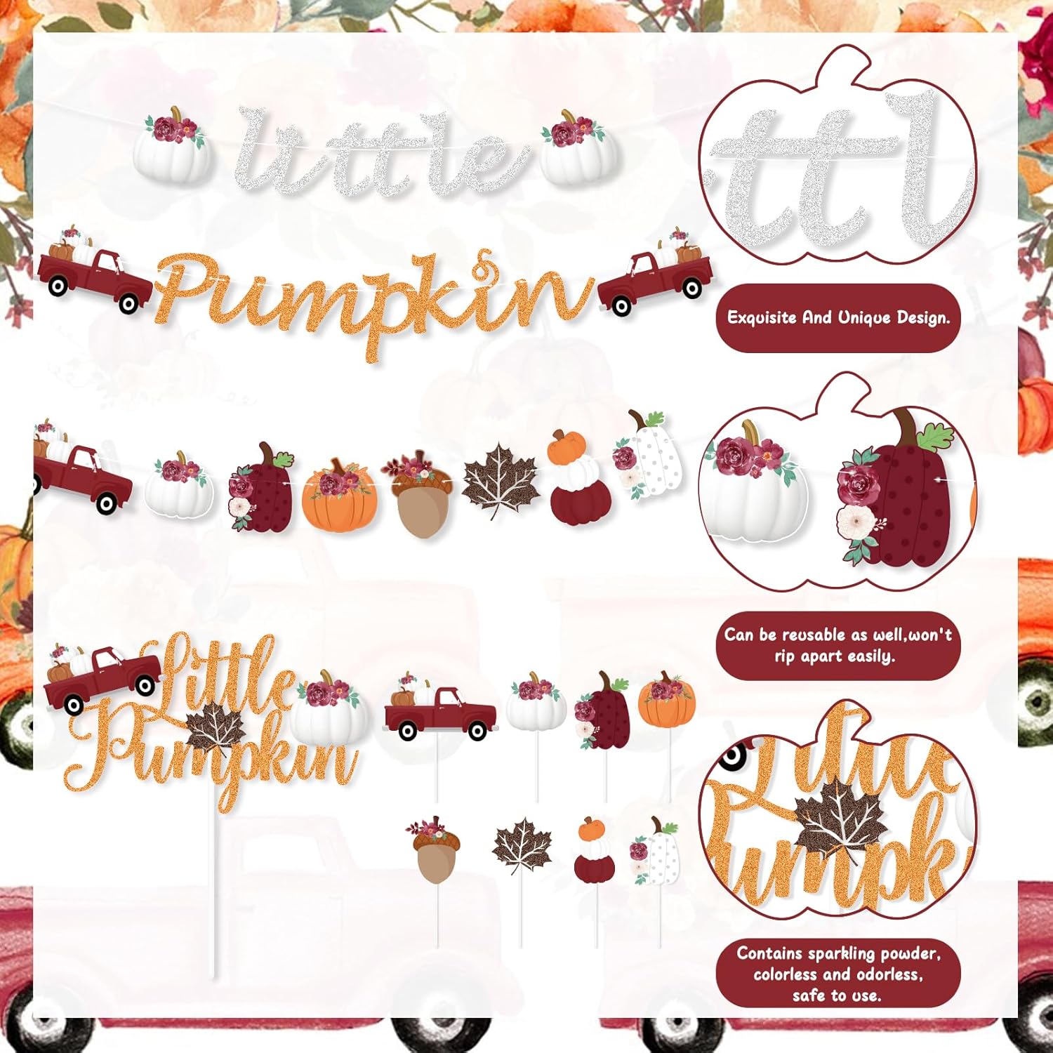 K KUMEED Decoraciones de fiesta de calabaza pequeña, pancarta de calabaza roja y blanca, hojas de otoño, calabaza, camión, decoración de pastel,