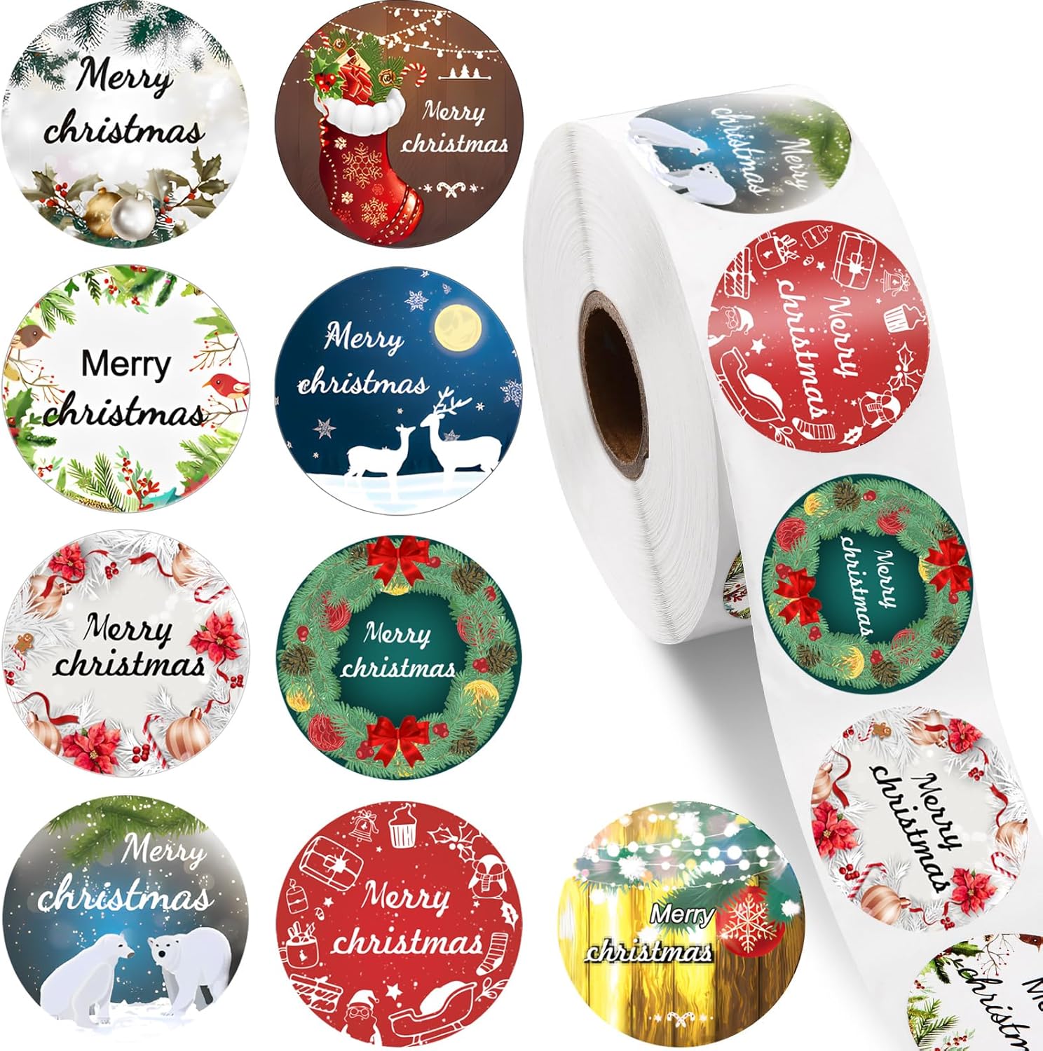 Outus 1000 calcomanías navideñas para sobres de 1.38 pulgadas, 9 diseños redondos de Feliz Navidad, sello de sobres de Navidad, calcomanías
