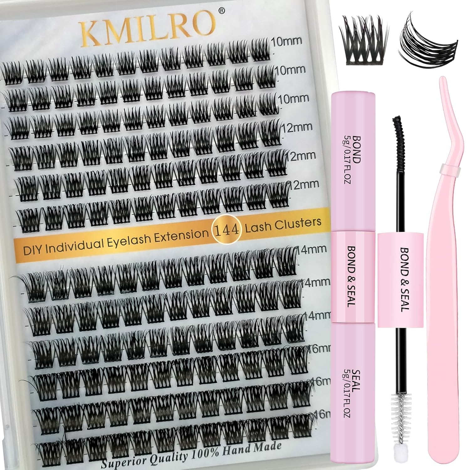 Kit de extensión de pestañas con 144 racimos de pestañas para bricolaje, unión, sello y pinzas, rizo D, reutilizable, banda súper fina y suave para
