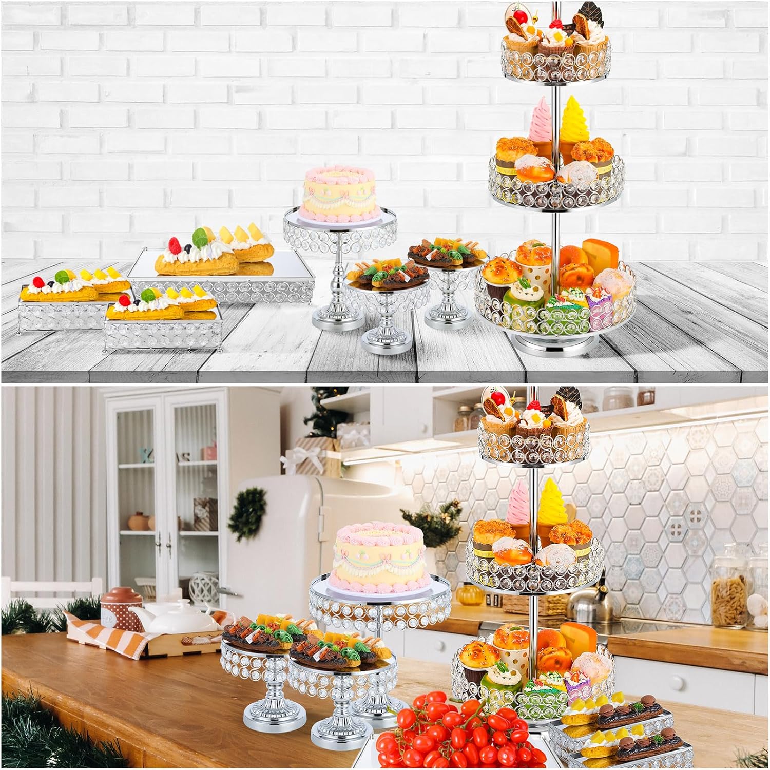 Tioncy Juego de 7 soportes para tartas con espejo de cuentas de cristal, soportes de mesa de postres de metal para mesa de postres y cupcakes para