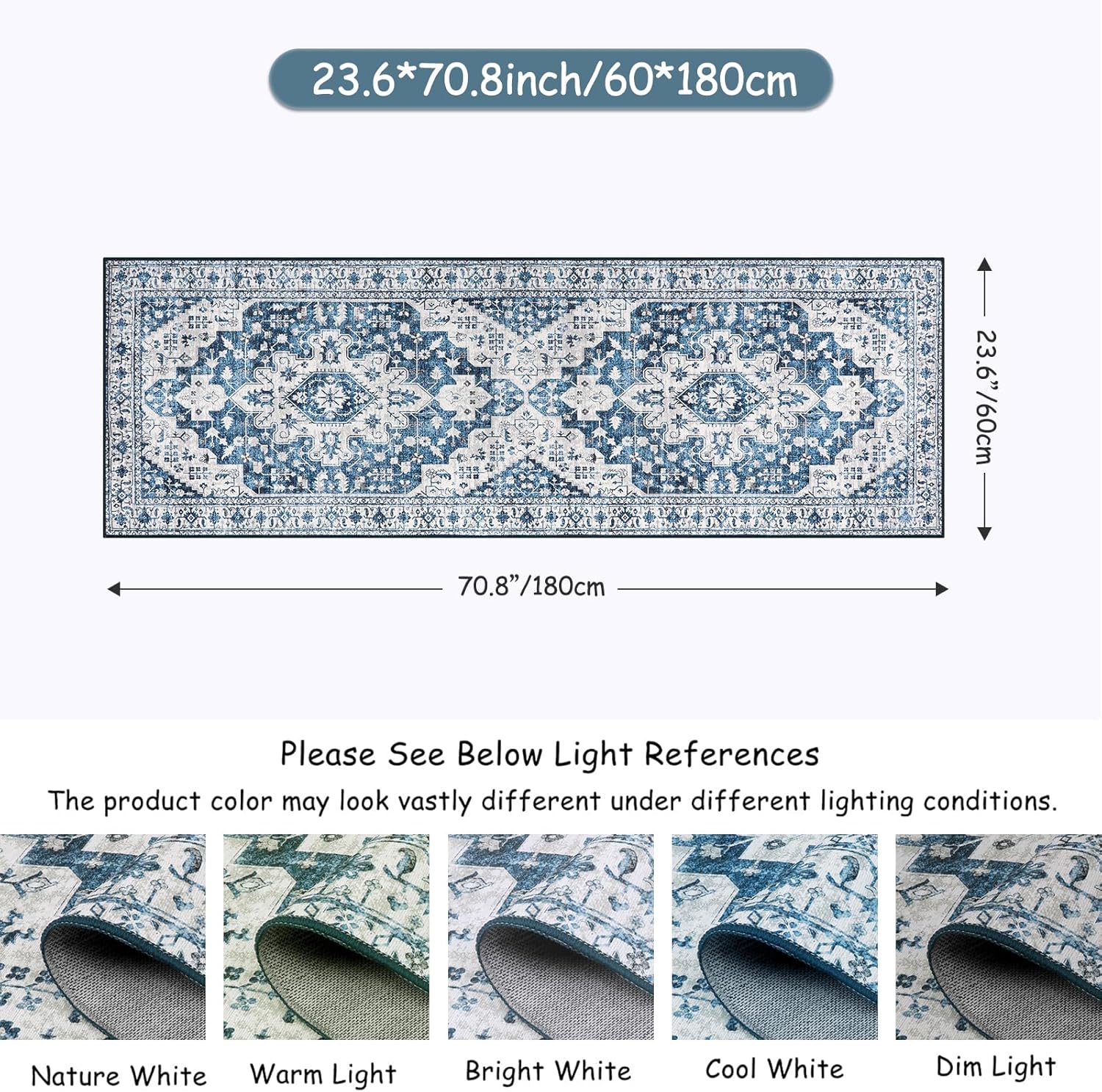 Moynesa Alfombra de pasillo lavable ultrafina  2 x 6 pulgadas, color azul, alfombra lavable para cocina, baño, alfombra de pasillo con estampado