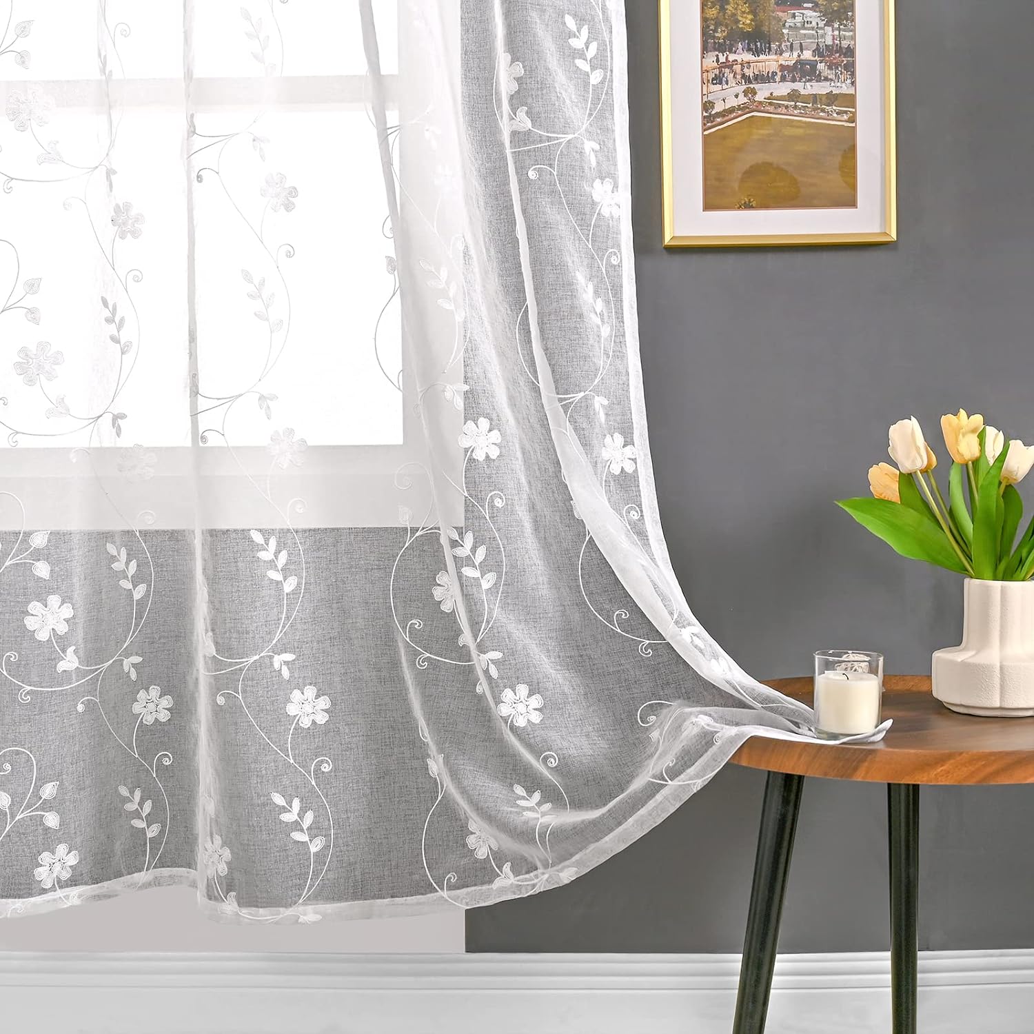 YoungsTex Cortinas traslúcidas bordadas de 63 pulgadas de largo, de lino sintético, con ojales, cortinas semitraslúcidas blancas para filtrar la luz