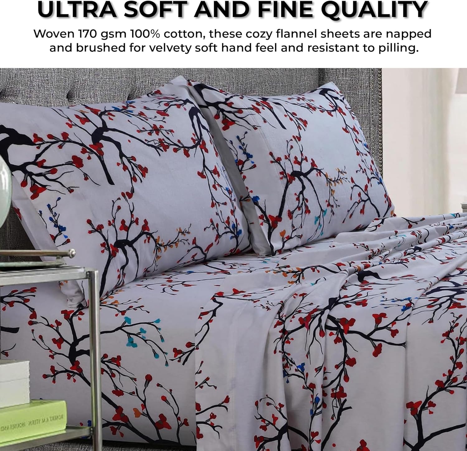 Tribeca Living Emilia Tree – Juego de sábanas de franela de bolsillo extra profundo de 170 GSM, tamaño matrimonial, rojo, (EMILIASHEFU)