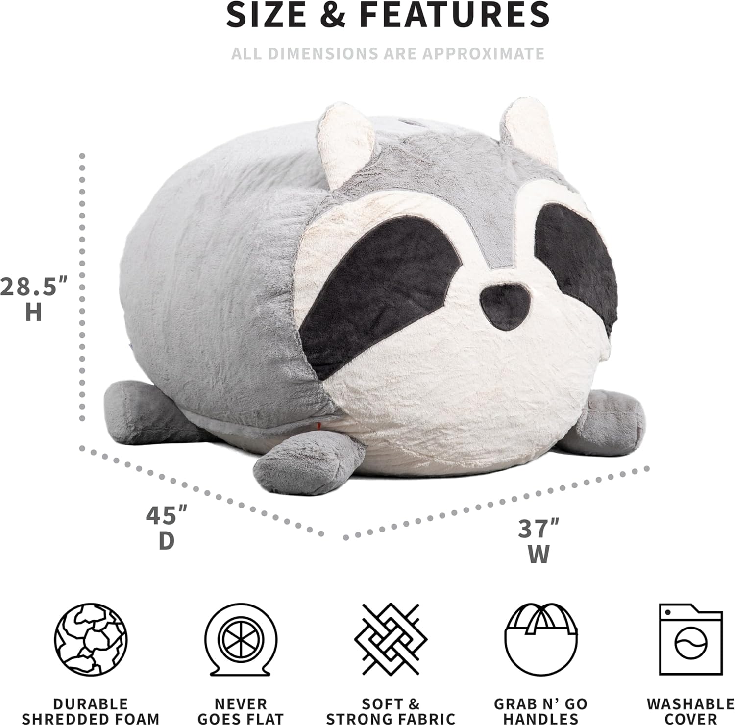 Big Joe Wild Things – Puf de animales relleno de espuma con funda extraíble, Rocky Raccoon Snugglepuff, piel sintética suave, 3 pies de grande