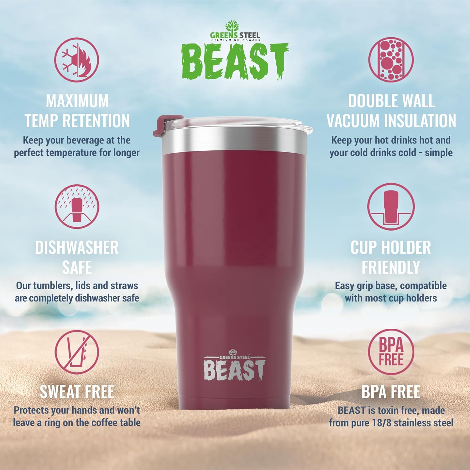 Greens Beast – Vaso de acero inoxidable con aislamiento al vacío para café, taza de hielo, doble pared, frasco de viaje