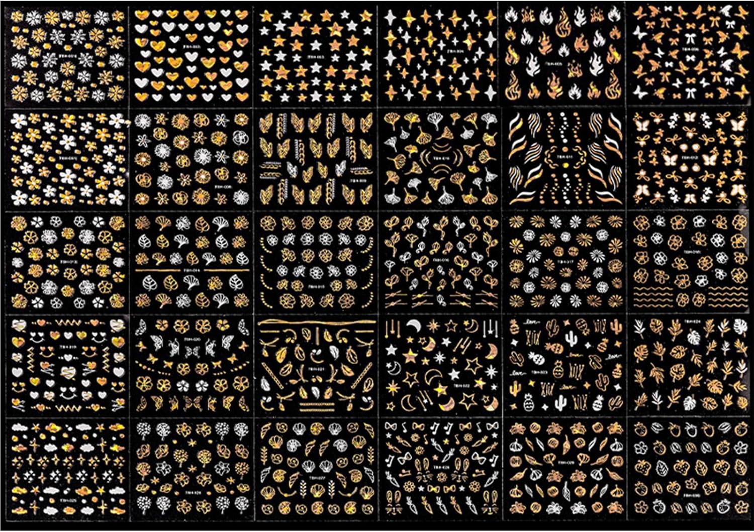 30 hojas de calcomanías doradas para arte de uñas, flores doradas, hojas de mariposas, suministros de arte de uñas, suministros de arte de uñas,