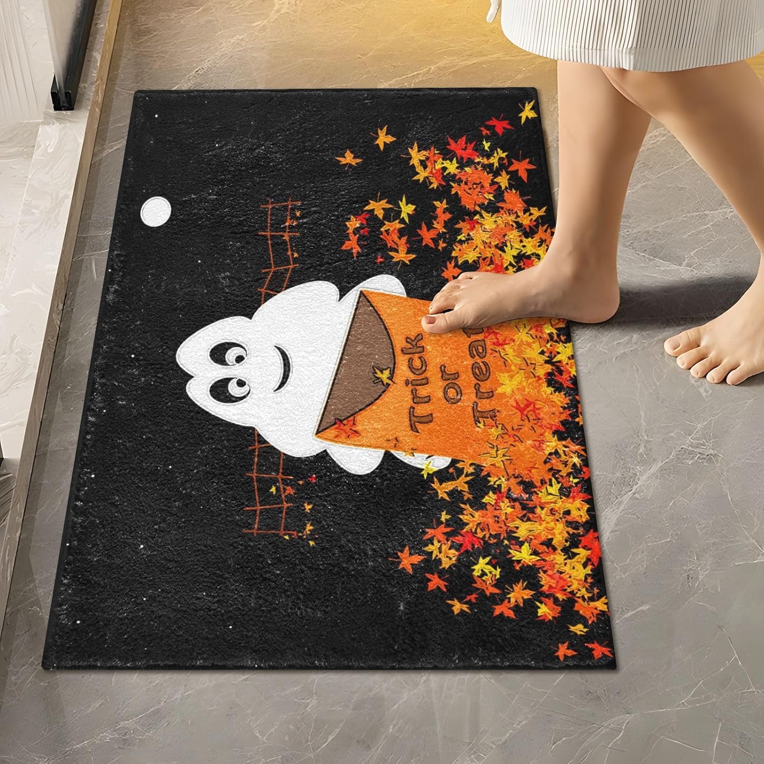 Halloween Ghost Fall Maple Bathroom Rugs Set 2 Piece Non Slip Water Absorbent Toilet Rug Fall Trick Or Treat Bath Rugs Washable Decor Area Rug Quick