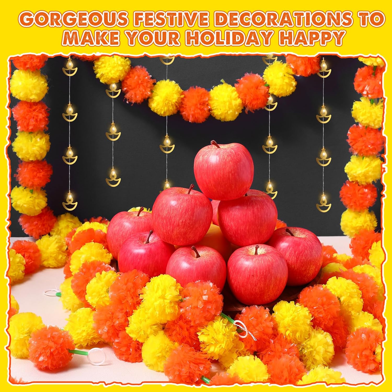 Yunsailing Diwali – Juego de 10 decoraciones para el Día de los Muertos, guirnalda de flores artificiales de caléndula de 5 pies y guirnalda de