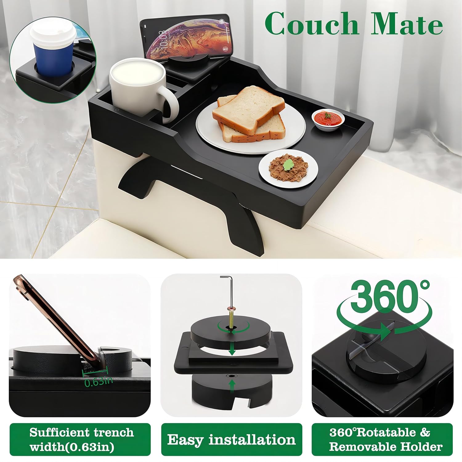BAMBOOTRAY Mesa de brazo para sofá, bandejas de TV plegables multifunción con soporte giratorio de 360 para teléfono y almohadilla, bandeja de mesa