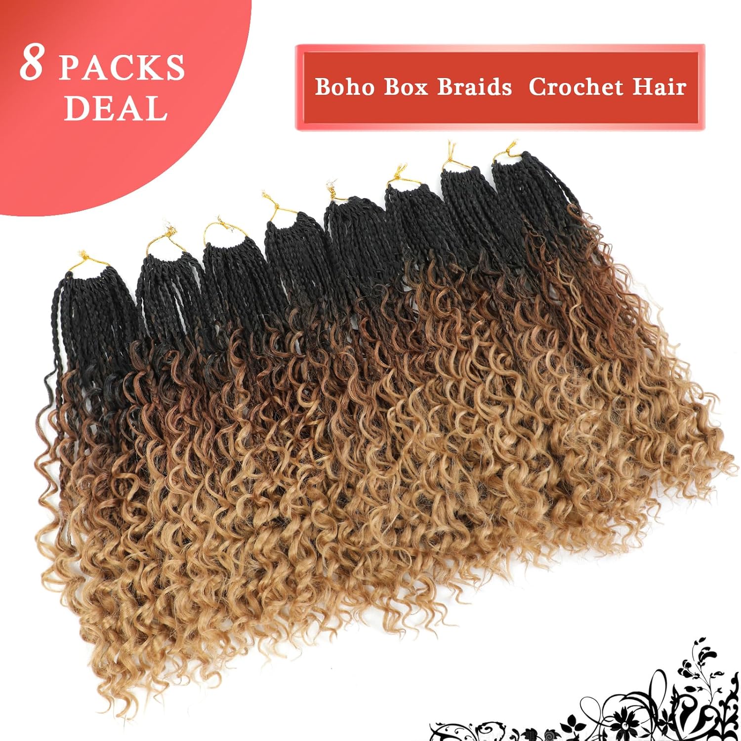 Liang Dian 8 paquetes de trenzas de cabello de ganchillo con extremos rizados de 18 pulgadas, trenzas de caja diosa de cabello bohemio de ganchillo