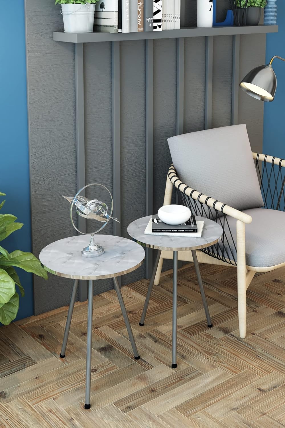 SUNRISE HOME DECOR – Juego de 2 mesas auxiliares redondas de madera con aspecto de mármol para espacios pequeños, mesita de noche, mesa de noche,