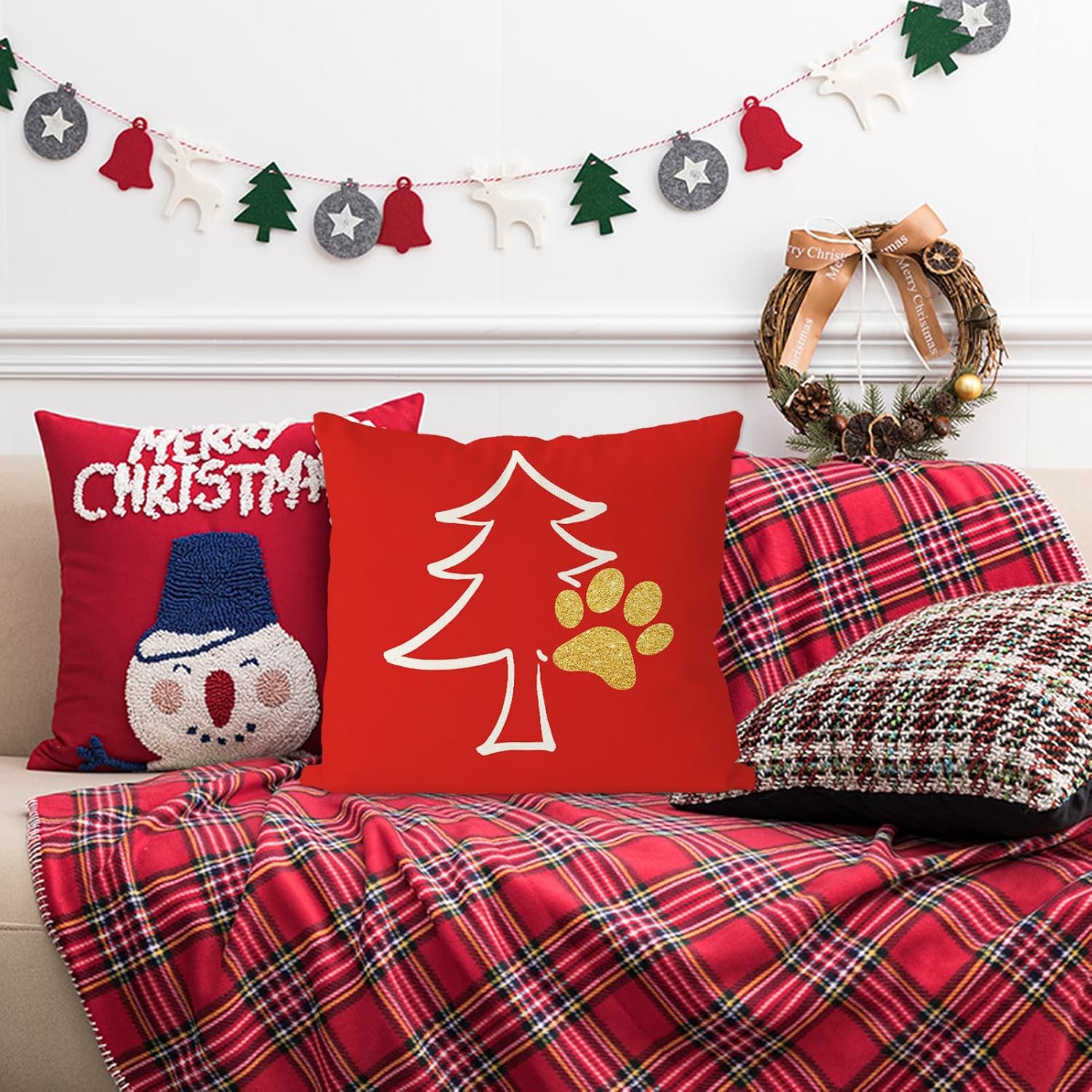 GAGEC Fundas de almohada de Navidad de 18 x 18 pulgadas, divertidas patas de perro, almohadas de Navidad, invierno, color rojo, decoración del