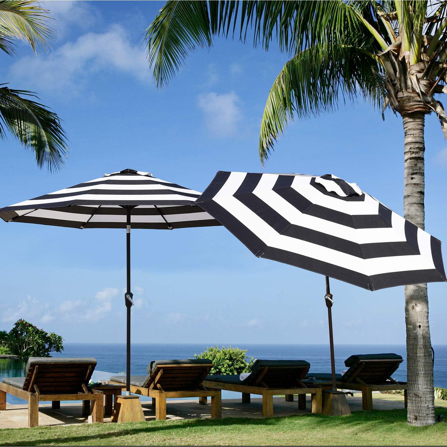 Grand patio Sombrilla de aluminio mejorada de 9 pies para patio, con protección UV, con manivela automática y botón de inclinación, color blanco y