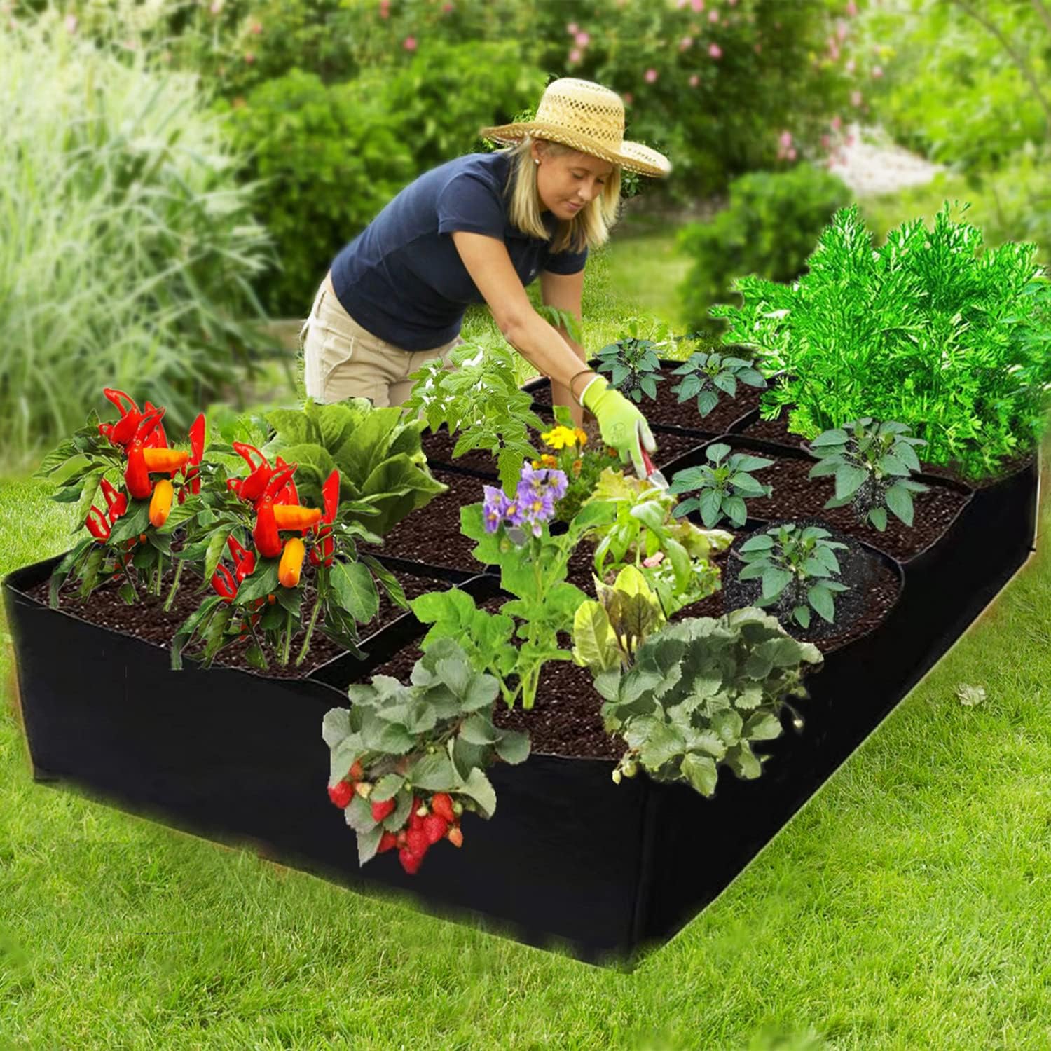Niurui Cama de jardín elevada de tela de 128 galones, 8 agujeros, rectangular, 14.11 oz, gruesas, no tejidas, bolsas de cultivo para jardinería,