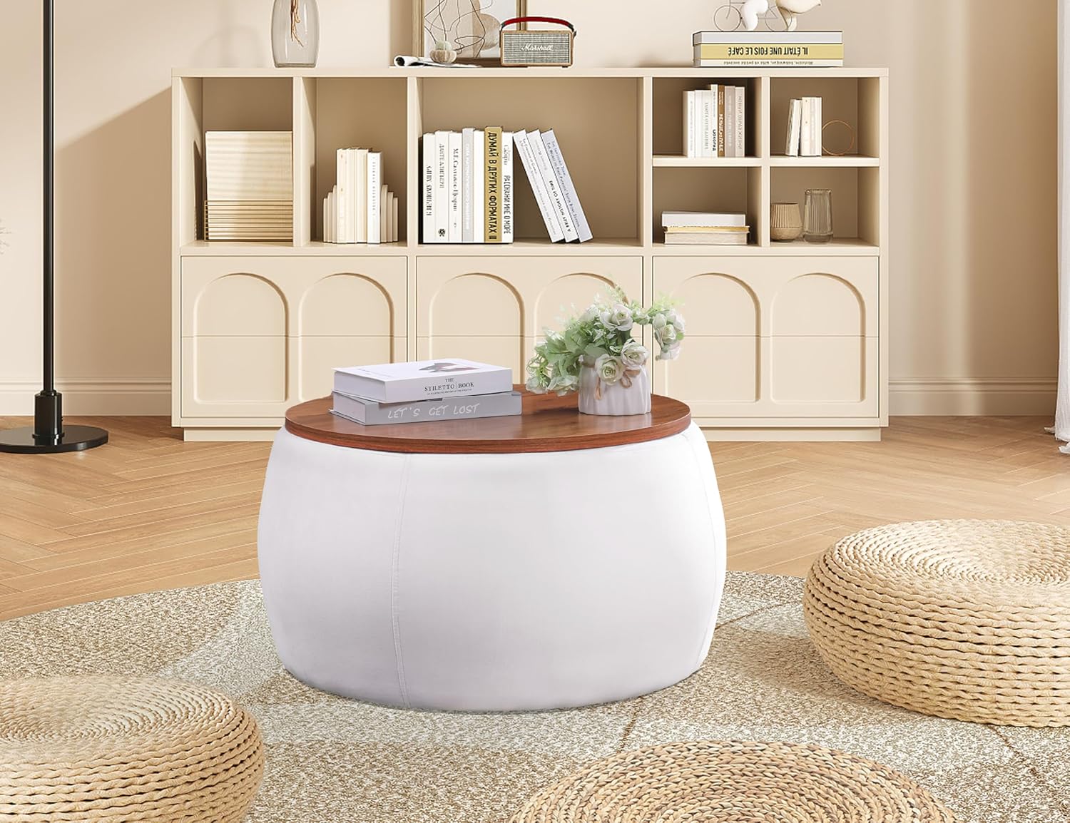 Morden Fort Otomana redonda con almacenamiento para sala de estar, mesa de centro otomana de 26 pulgadas con almacenamiento con cubierta de madera,