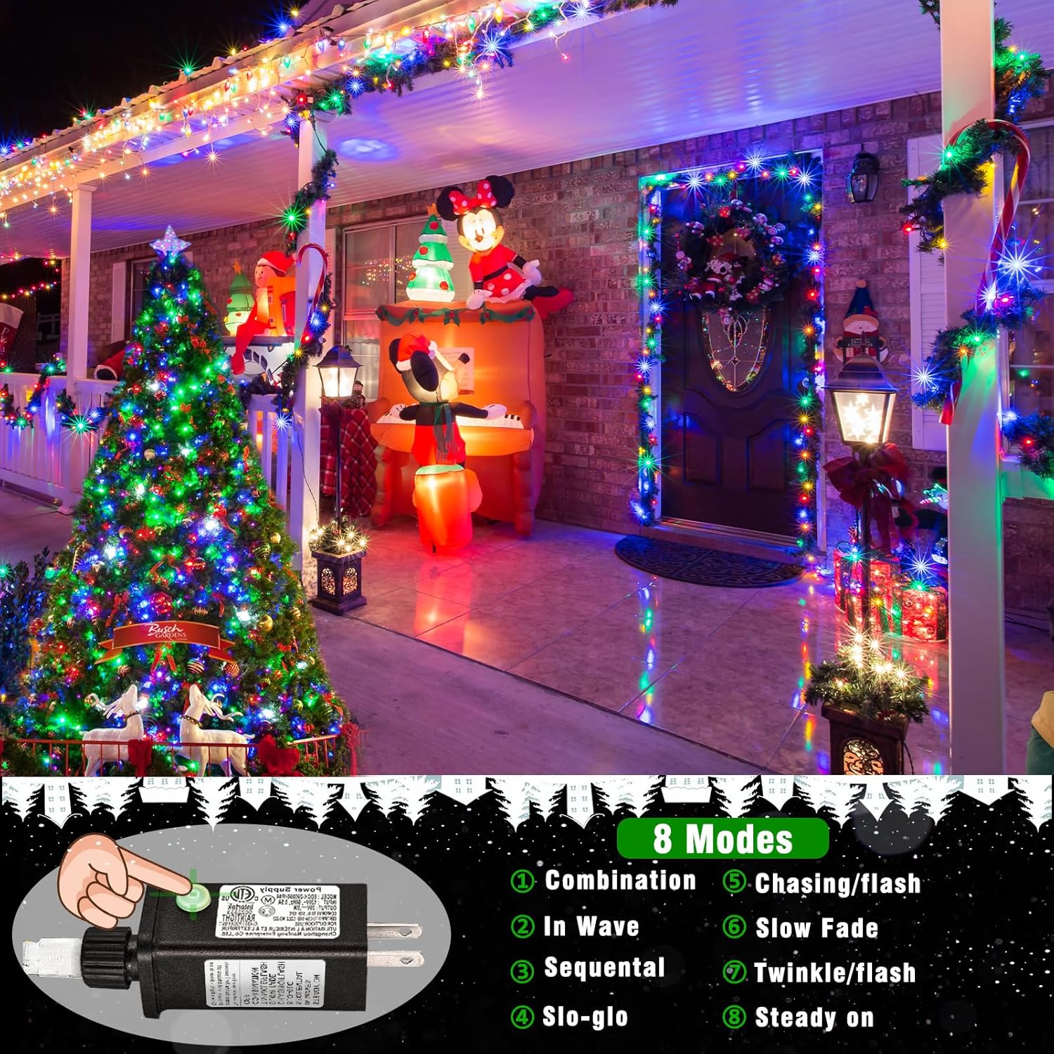 100 luces LED de Navidad de 33 pies para exteriores, 8 modos, tira de luces de Navidad con cable transparente con memoria de tiempo, tira de luces