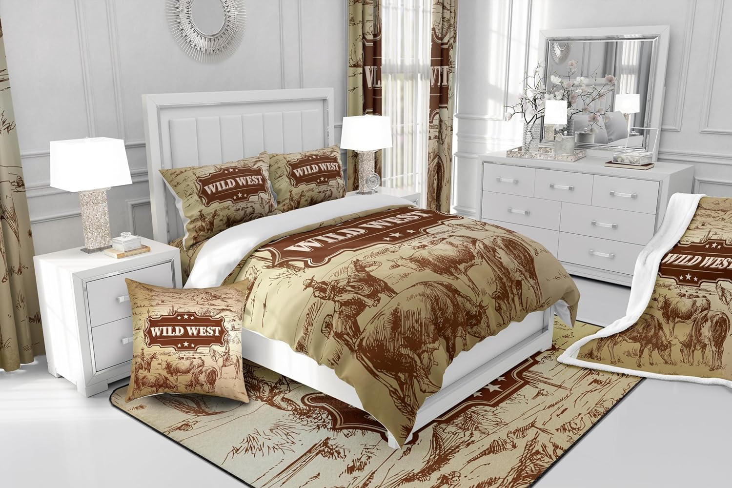 Wild West – Funda de edredón tamaño matrimonial, juego de ropa de cama de vaquero para niños, funda de edredón dibujada a mano con vacas de montaña