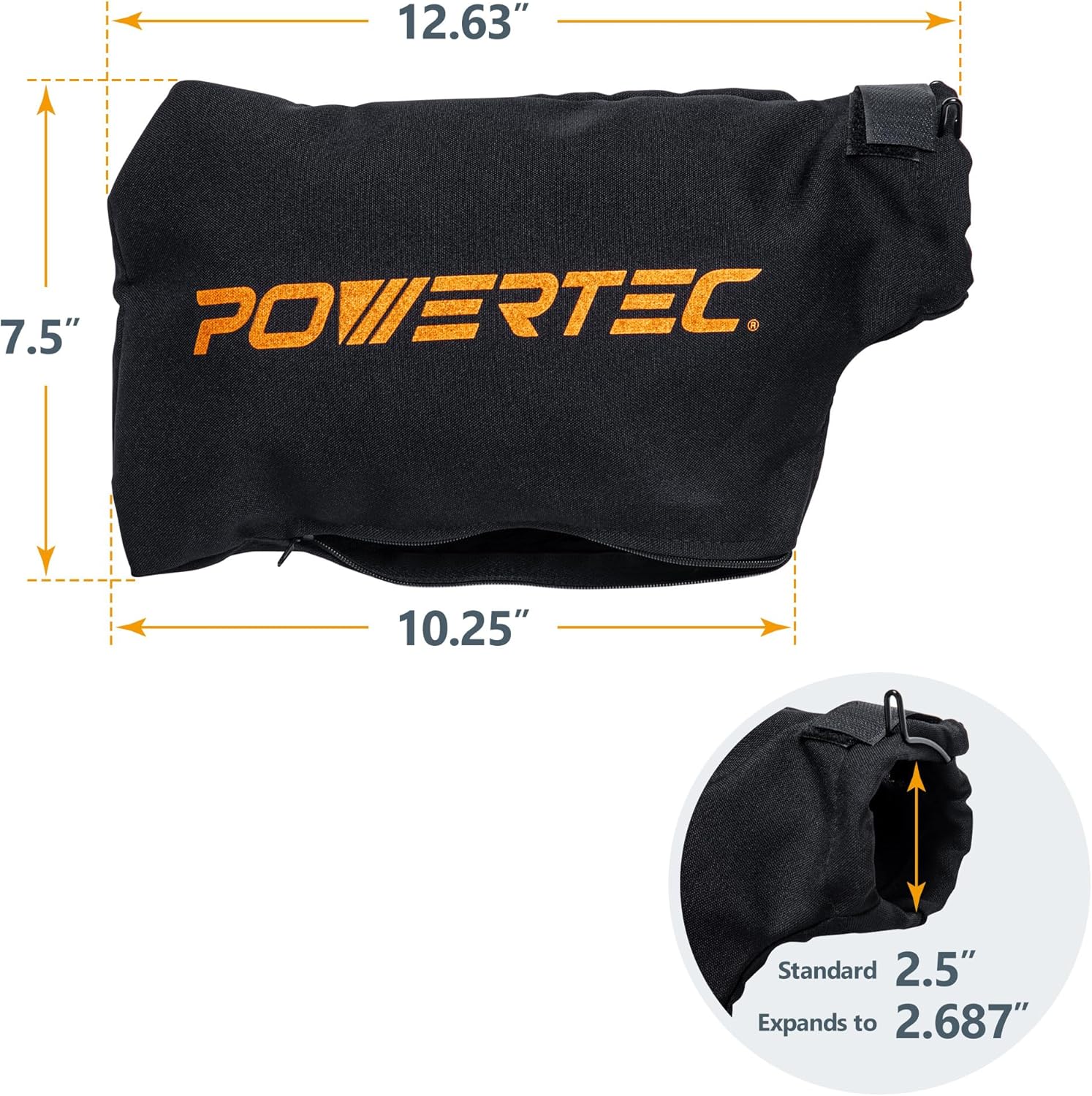 POWERTEC Bolsa colectora de polvo para sierra ingletadora de 10 pulgadas, 12 pulgadas, se adapta a puertos de polvo nominales de 2.5 pulgadas, se