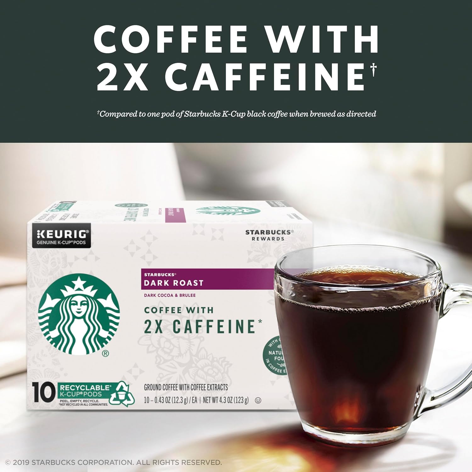 Starbucks K-Cups de café tostado oscuro con 2 veces más cafeína, cápsulas de café para cafeteras Keurig, 1 caja (10 cápsulas)