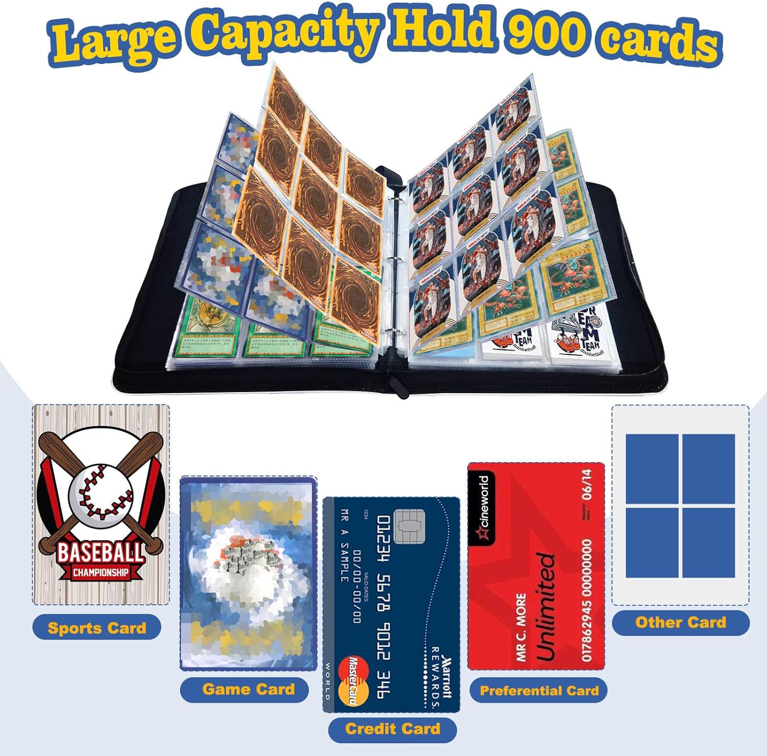 Carpeta de tarjetas para tarjetas intercambiables, tarjetero con 9 bolsillos, 50 fundas extraíbles, 900 tarjetas con cremallera, carpetas portátiles