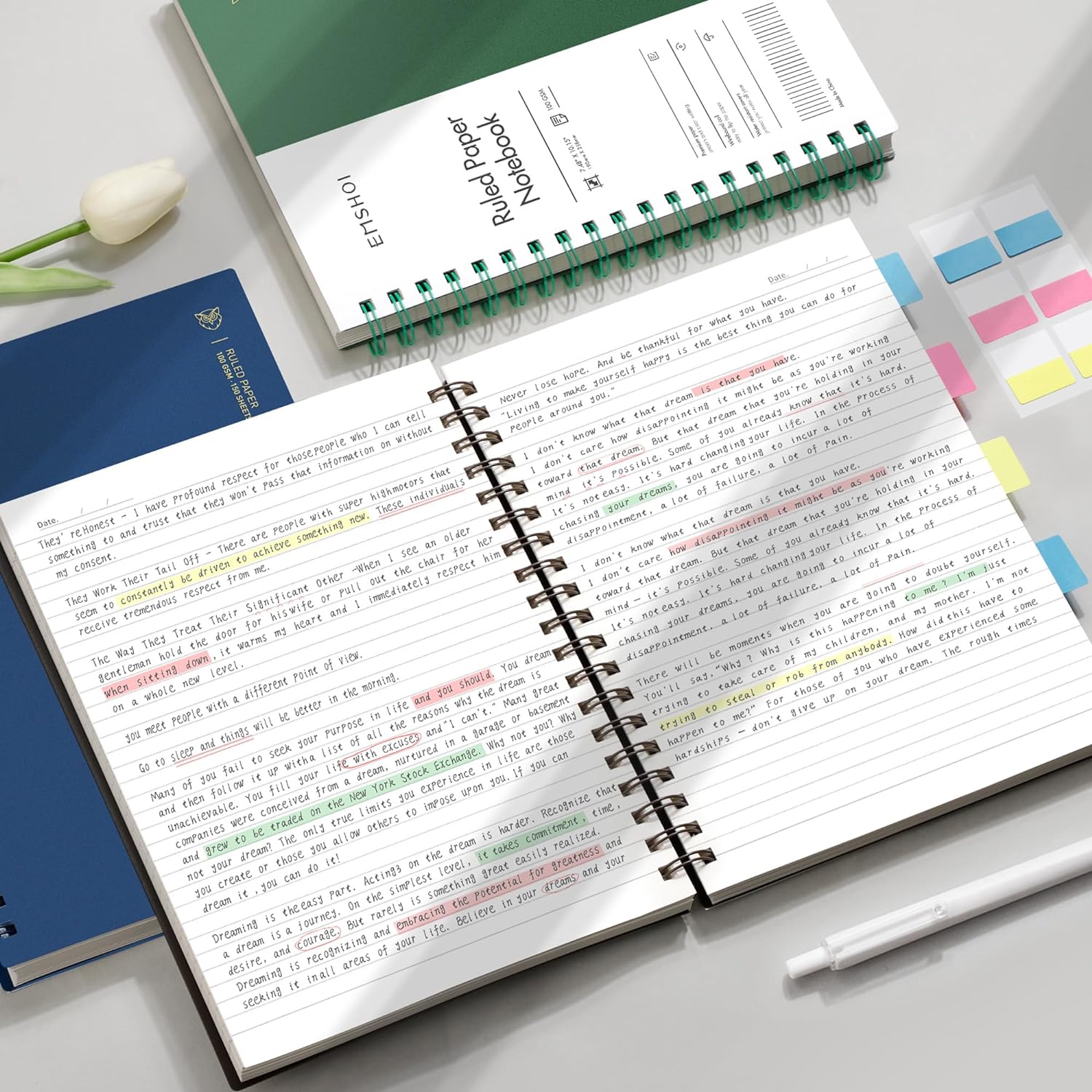 EMSHOI Cuaderno de espiral B5 con rayas universitarias, tamaño grande de 7.48 x 10.15 pulgadas, 300 páginas150 hojas, papel grueso de 3.53 ozm, tapa