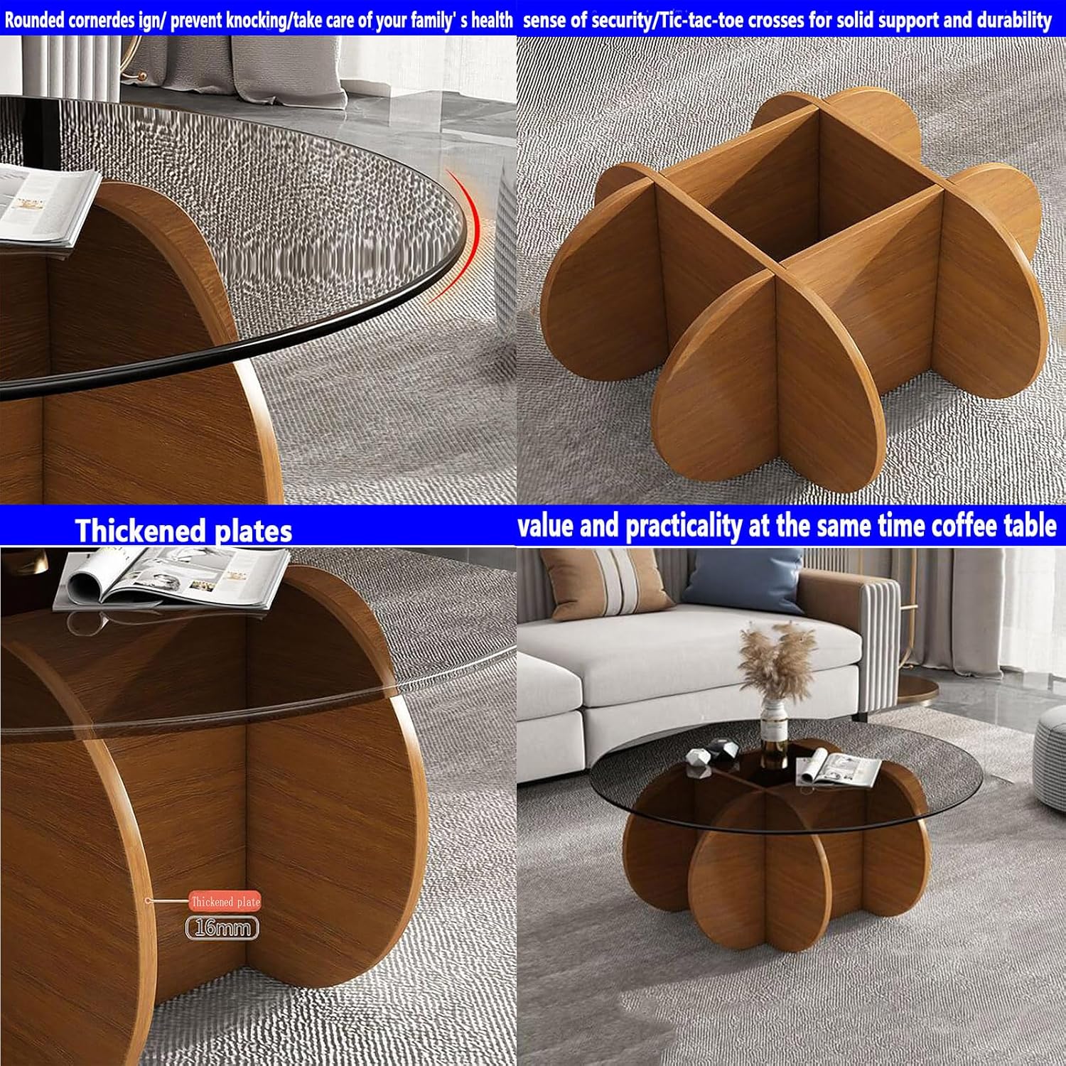 Mesa auxiliar redonda de cristal, base de madera maciza y parte superior de vidrio templado transparente, mesa auxiliar de café, mesa central simple