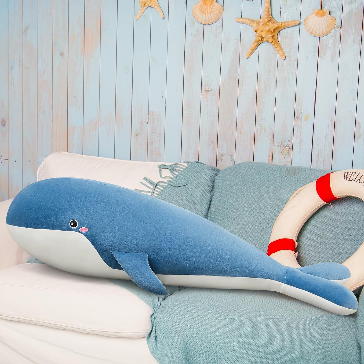 Muñeco de ballena de 47.2 pulgadas con diseño de ballena grande y delfín, lindas almohadas decorativas grandes, almohada de peluche de ballena de