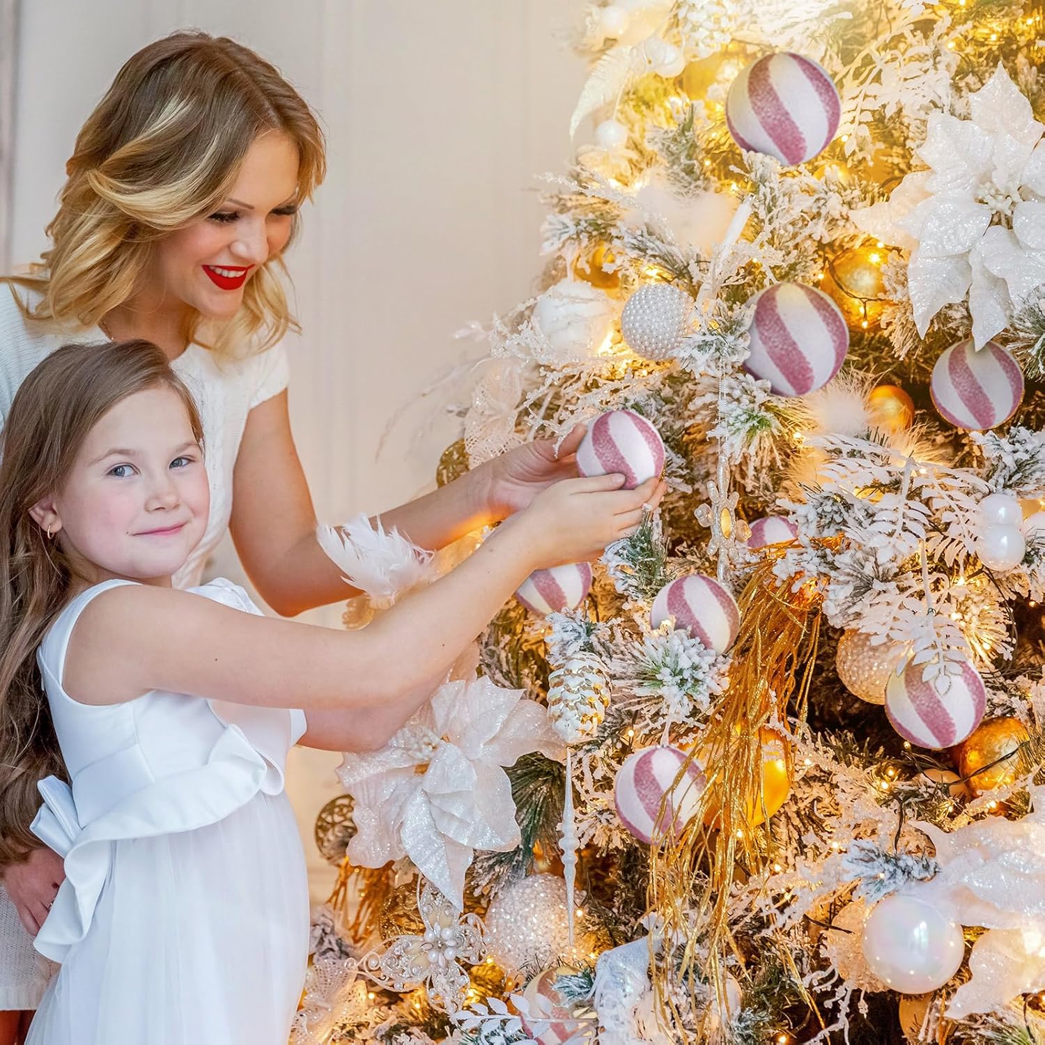 Liliful 12 bolas de Navidad de 3.15 pulgadas, con purpurina, decoración de árbol de Navidad, adornos de Navidad pintados de plástico, adornos para
