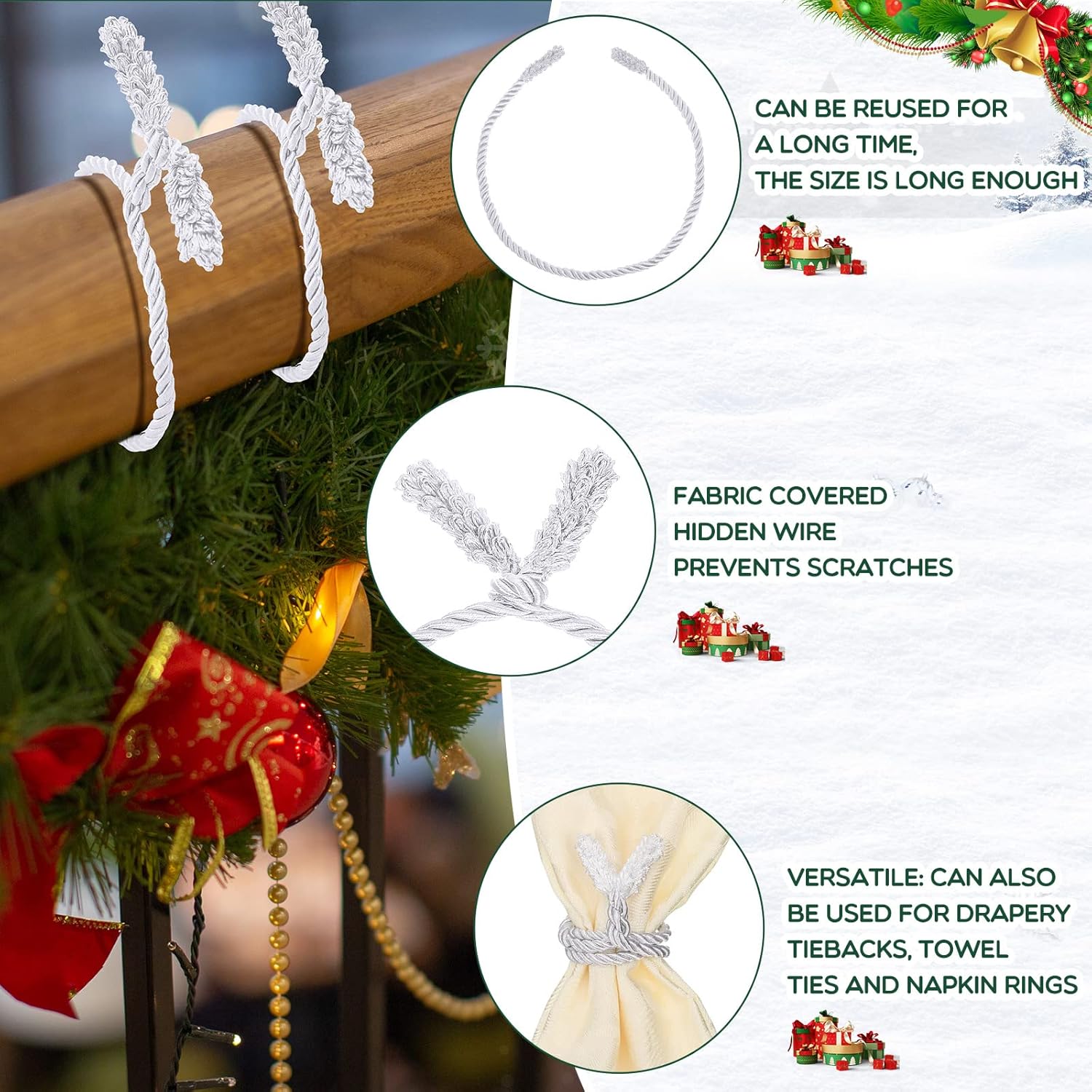 Guirnalda de Navidad de 20 pulgadas, lazos decorativos de Navidad para barandilla, lazos giratorios reutilizables y flexibles para Navidad,