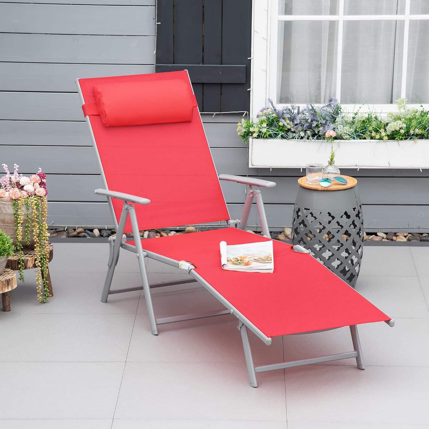 Outsunny Chaise Lounge Silla plegable para exteriores, portátil, silla reclinable ajustable de 7 posiciones para acampar, tomar el sol y broncearse